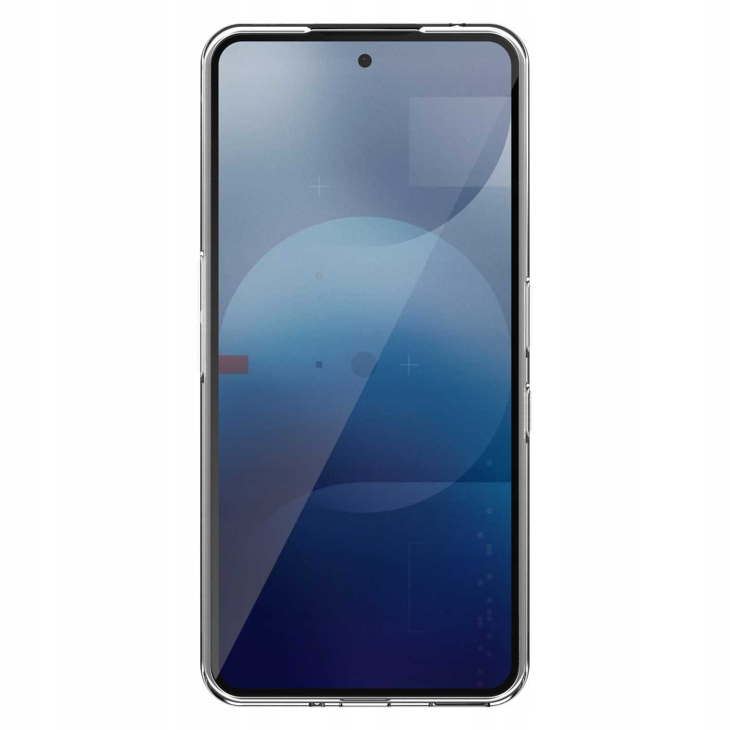 Şeffaf bir kılıf içinde bir akıllı telefon görüntüleniyor. Ekran, beyaz geometrik şekiller ve üstte bir kamera noktası ile mavi gradyan bir tasarım gösteriyor.