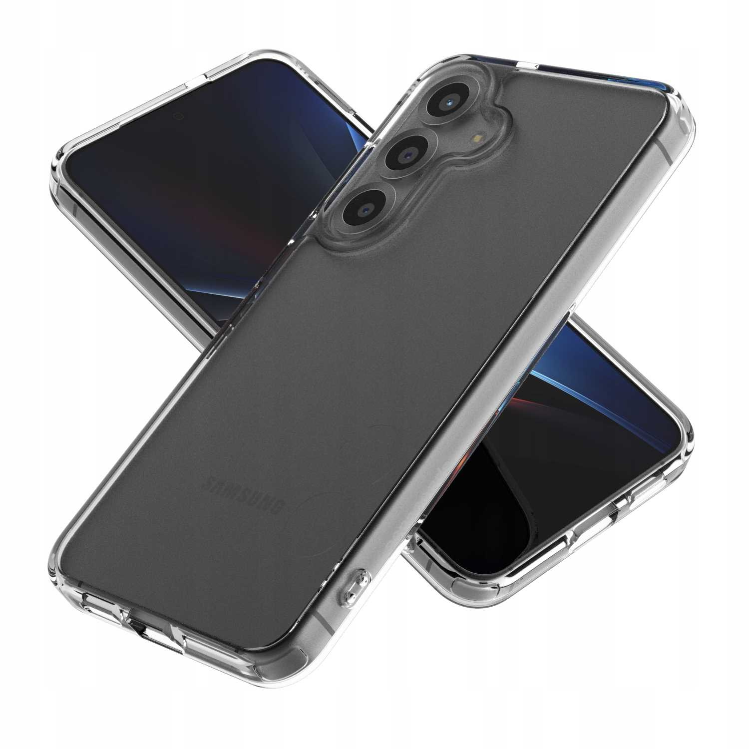 Trzy przezroczyste etui na telefon, jedno na drugim, pokazujące tył telefonu. Etui wydają się przezroczyste, ukazując design telefonu.