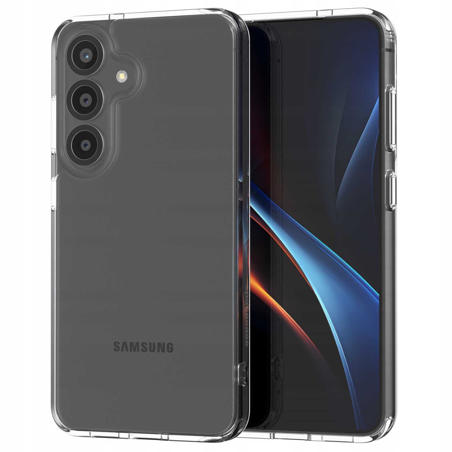 Telefon Samsung w przezroczystym etui. Telefon jest czarny, z trzema obiektywami aparatu. Etui ma przezroczysty, ochronny design.