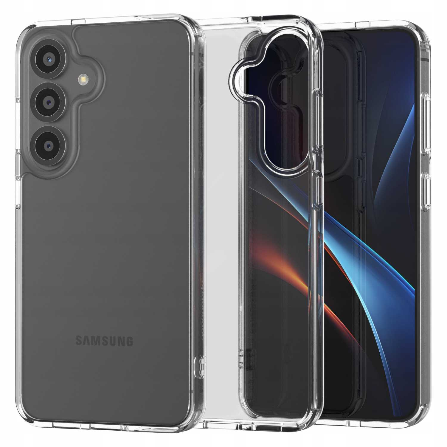 Przezroczyste etui na telefon z telefonem w środku. Telefon ma ciemny ekran. Etui jest wykonane z przezroczystego plastiku.
