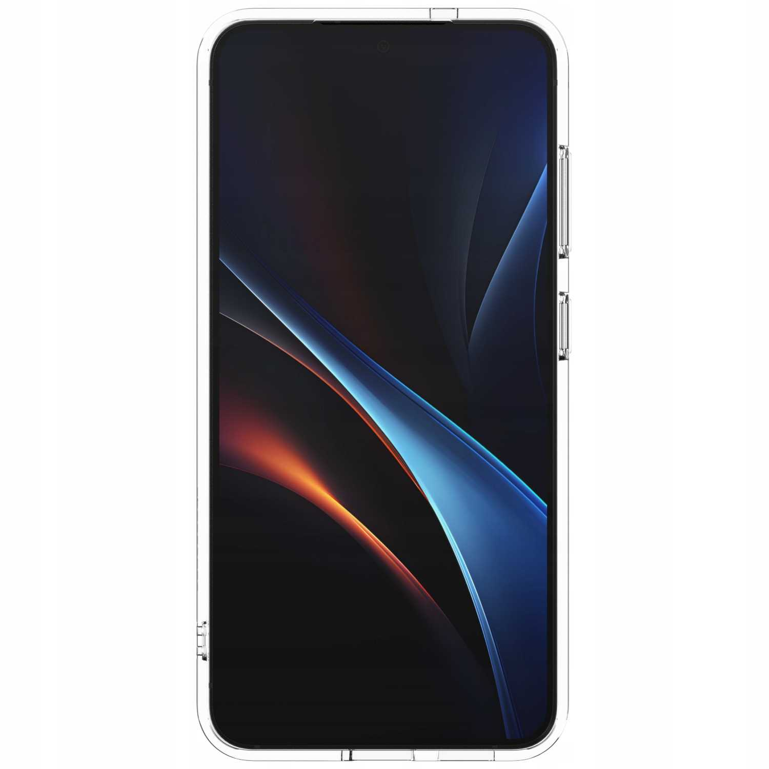 Smartfon w przezroczystym etui. Ekran wyświetla abstrakcyjny wzór niebieskich i pomarańczowych linii na ciemnym tle.