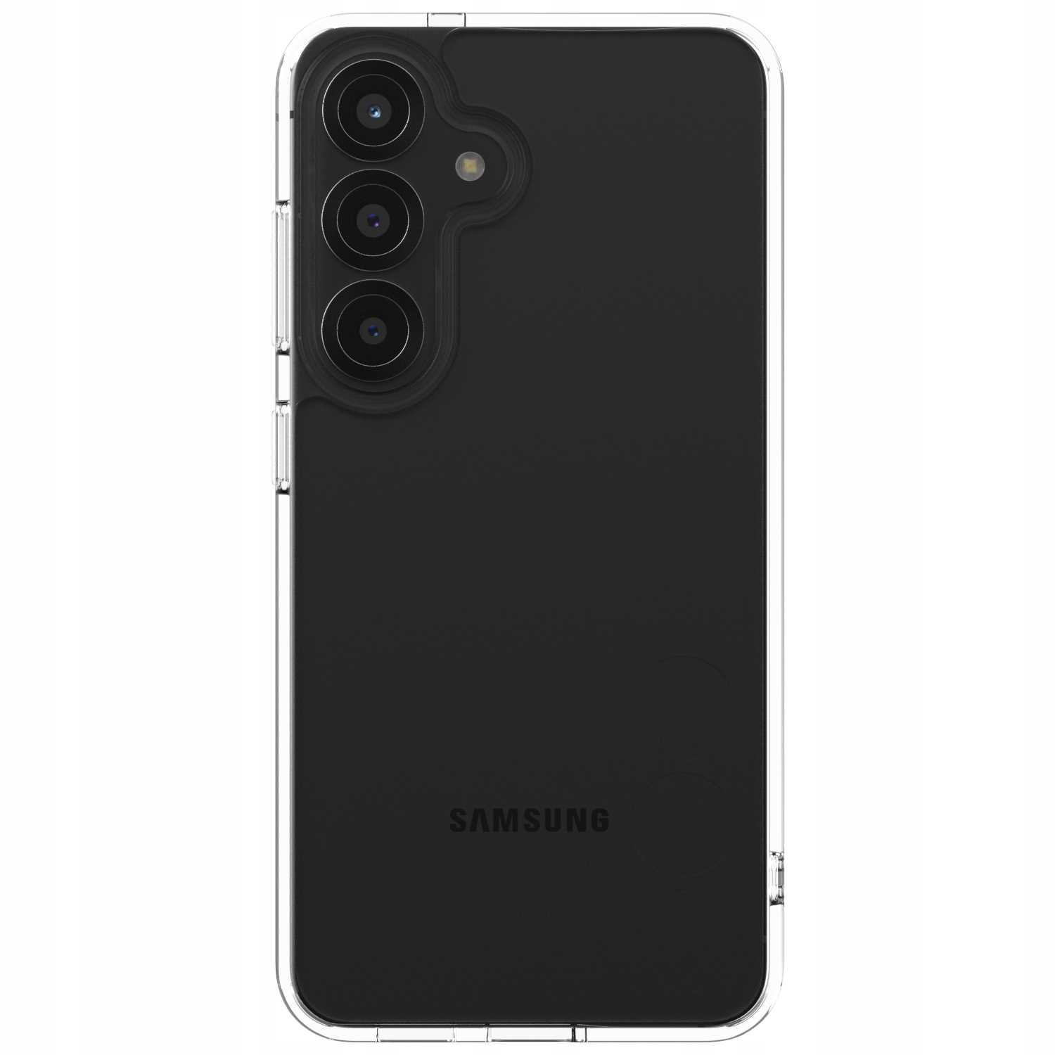 Czarny smartfon Samsung w przezroczystym etui. Trzy obiektywy aparatu widoczne po lewej stronie u góry, a nazwa marki na dole.