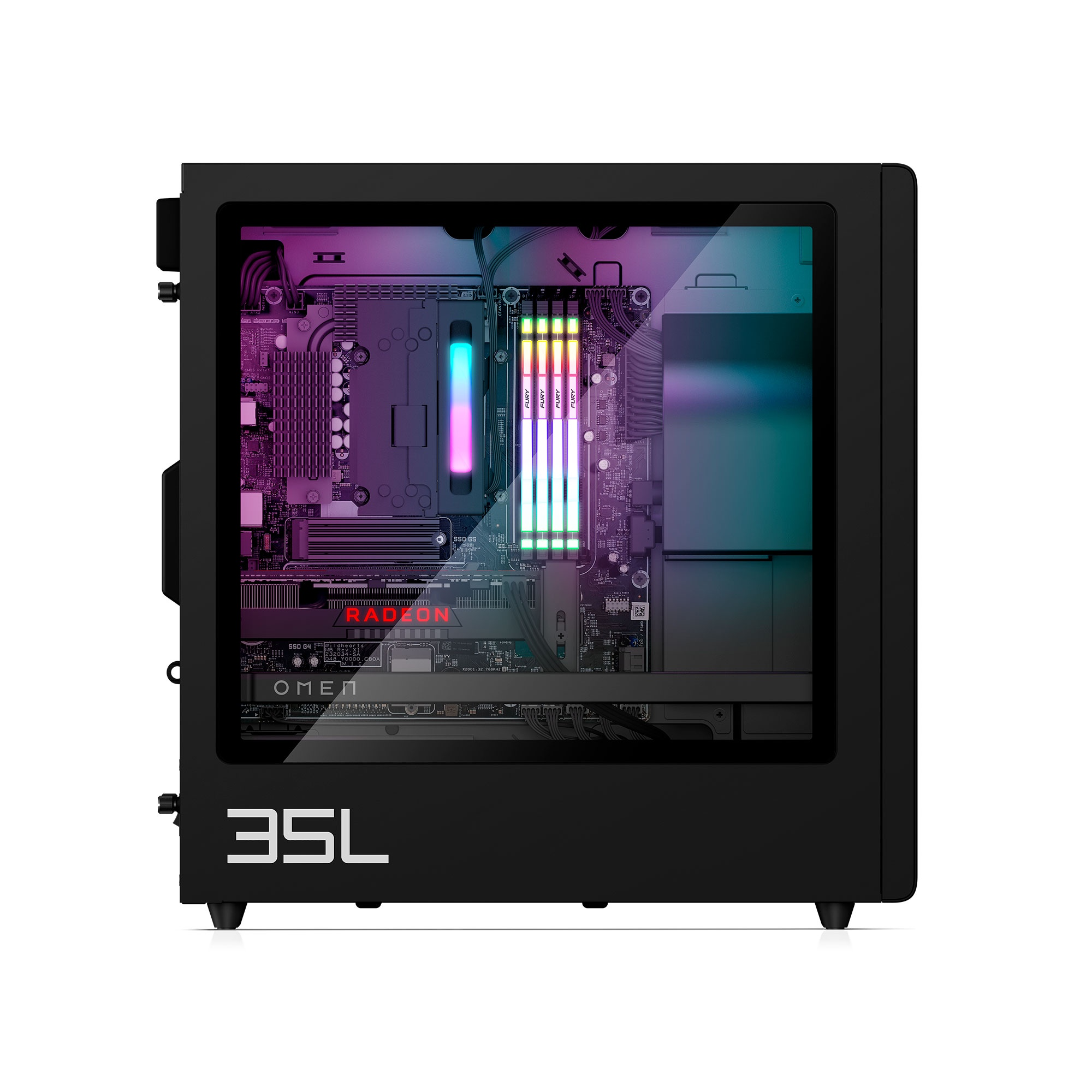 Una caja de PC negra con un panel lateral de vidrio, que revela componentes internos iluminados con luces moradas y turquesas.