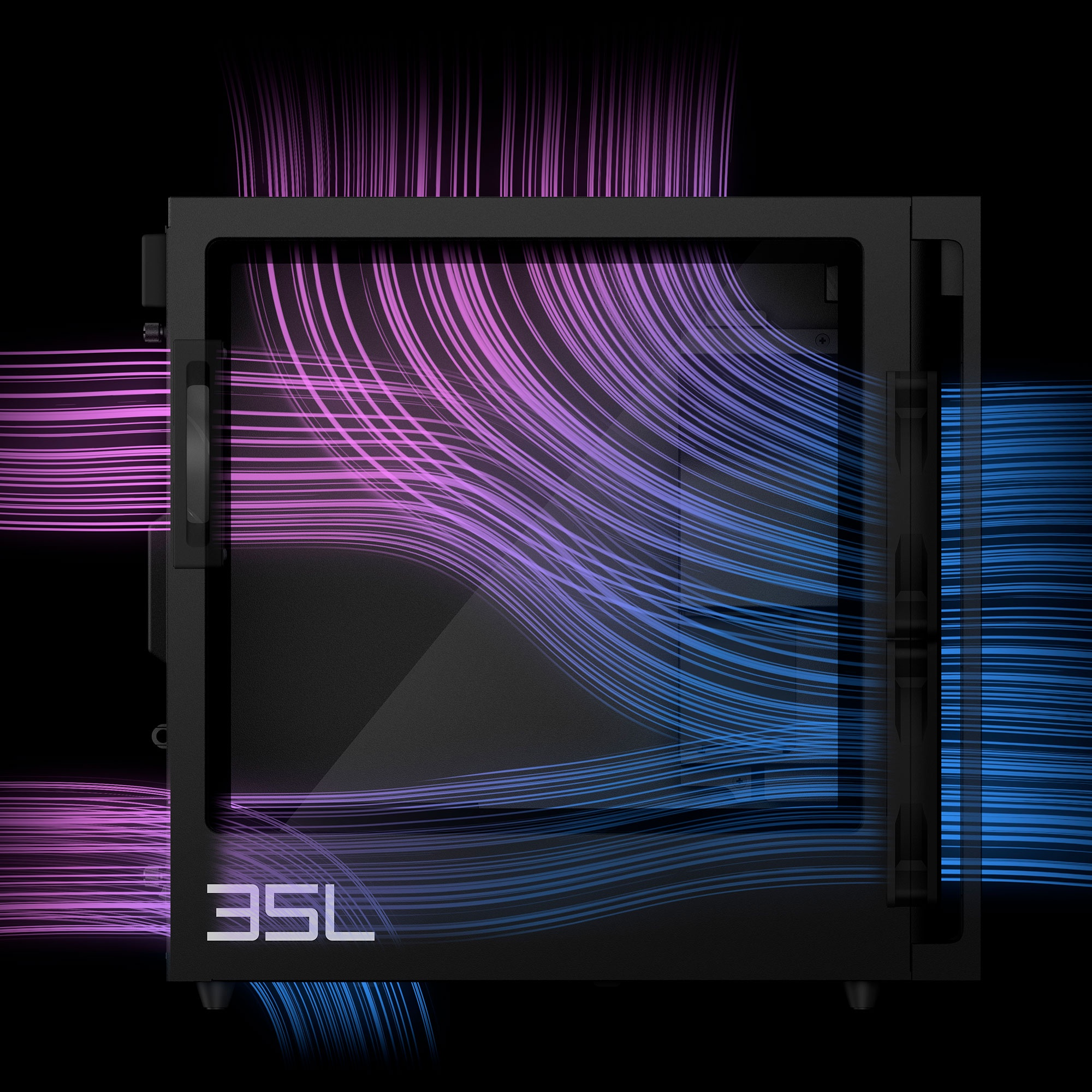 Caja de PC con líneas fluyentes azules y moradas. El panel frontal de vidrio muestra el logotipo 35L.