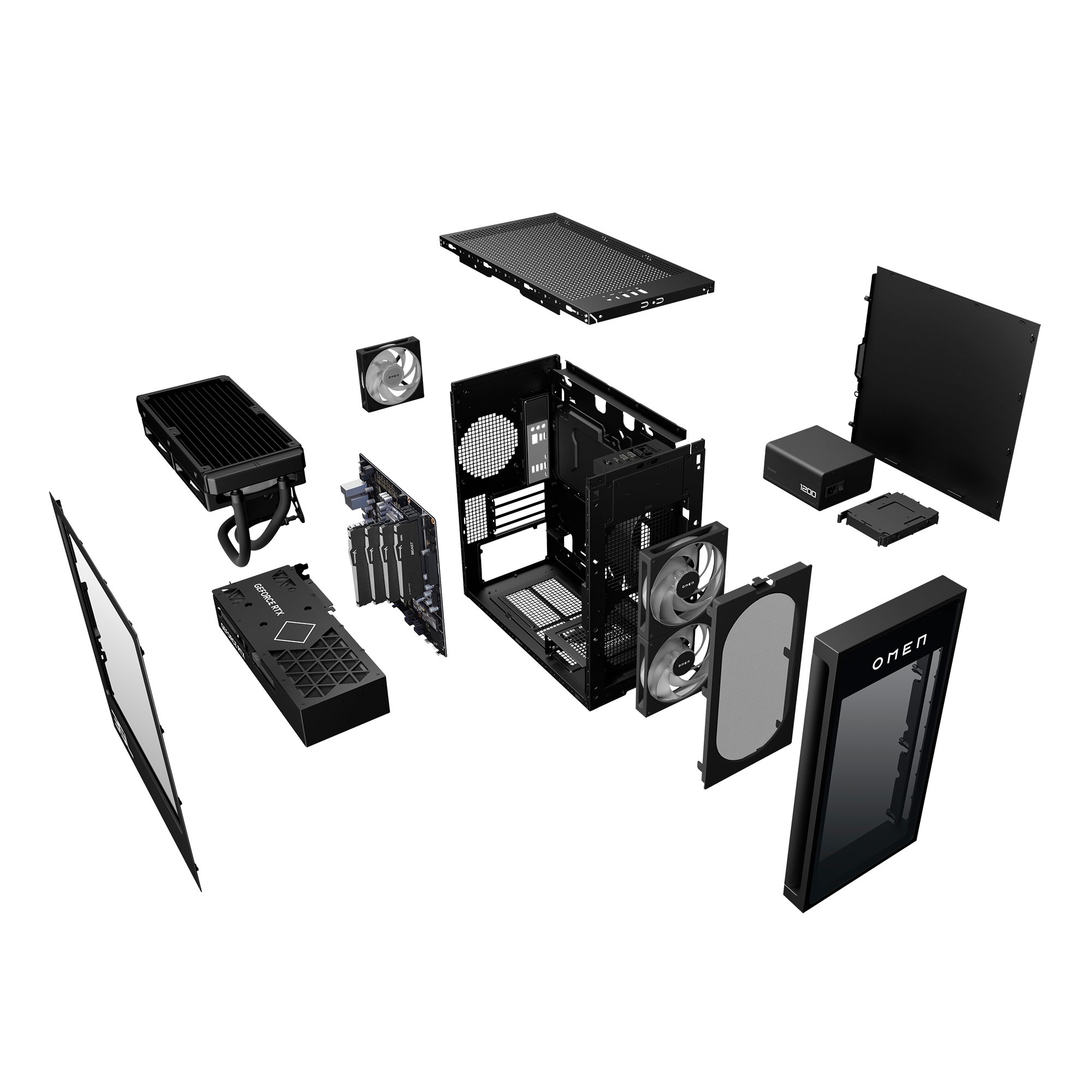 Componentes de PC negros desmontados sobre blanco. Las piezas incluyen una carcasa, ventiladores, GPU, refrigerador y fuente de alimentación, todos de la marca OMEN.