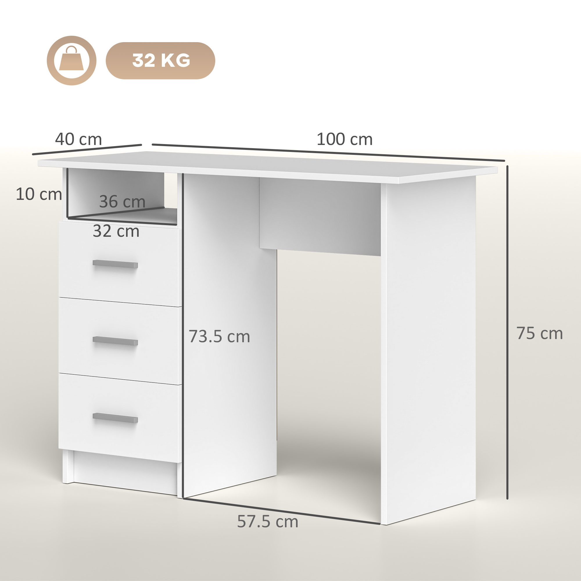 Scrivania bianca con cassetti e misure. Dimensioni: 100cm x 75cm x 57,5cm. Tre cassetti a sinistra.