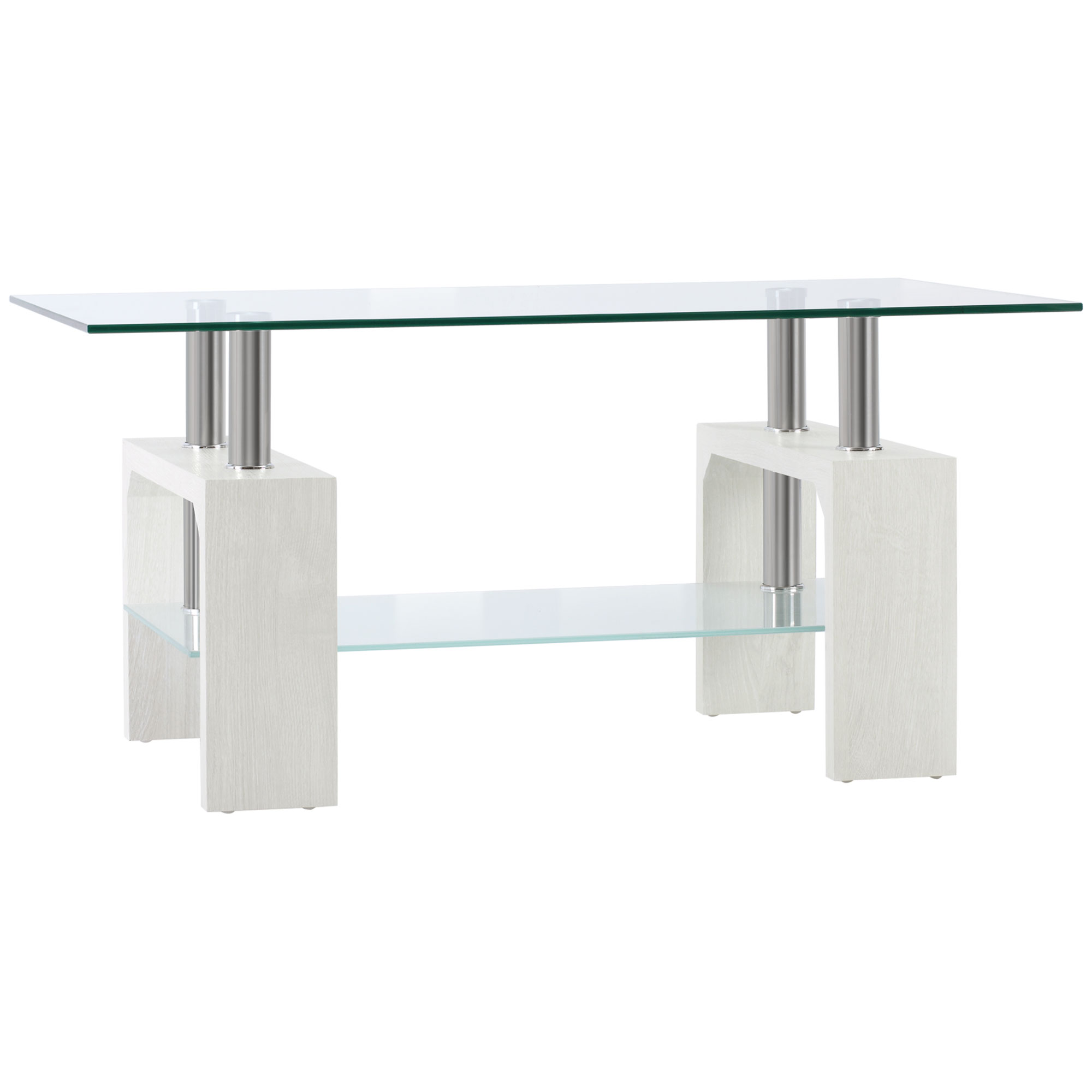 Un moderno tavolino con piano in vetro rettangolare, sostenuto da gambe in legno bianco e colonne in metallo argentato, su sfondo bianco.