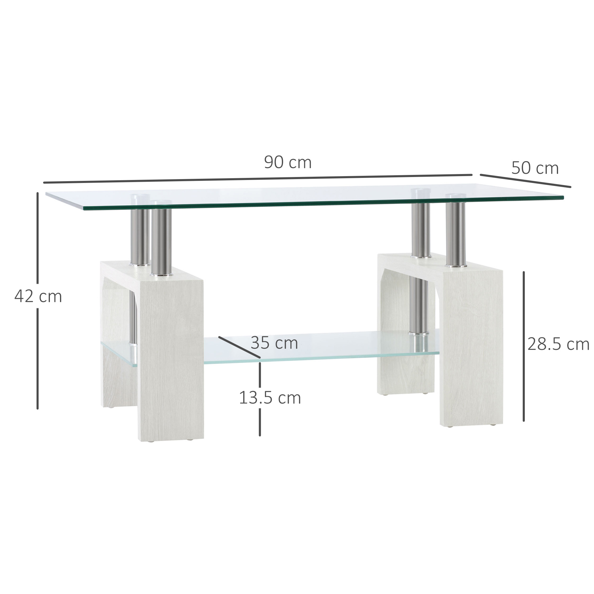Tavolino in vetro e legno con dimensioni indicate. La parte superiore è 90x50cm. Gambe bianche con ripiano in vetro al centro.