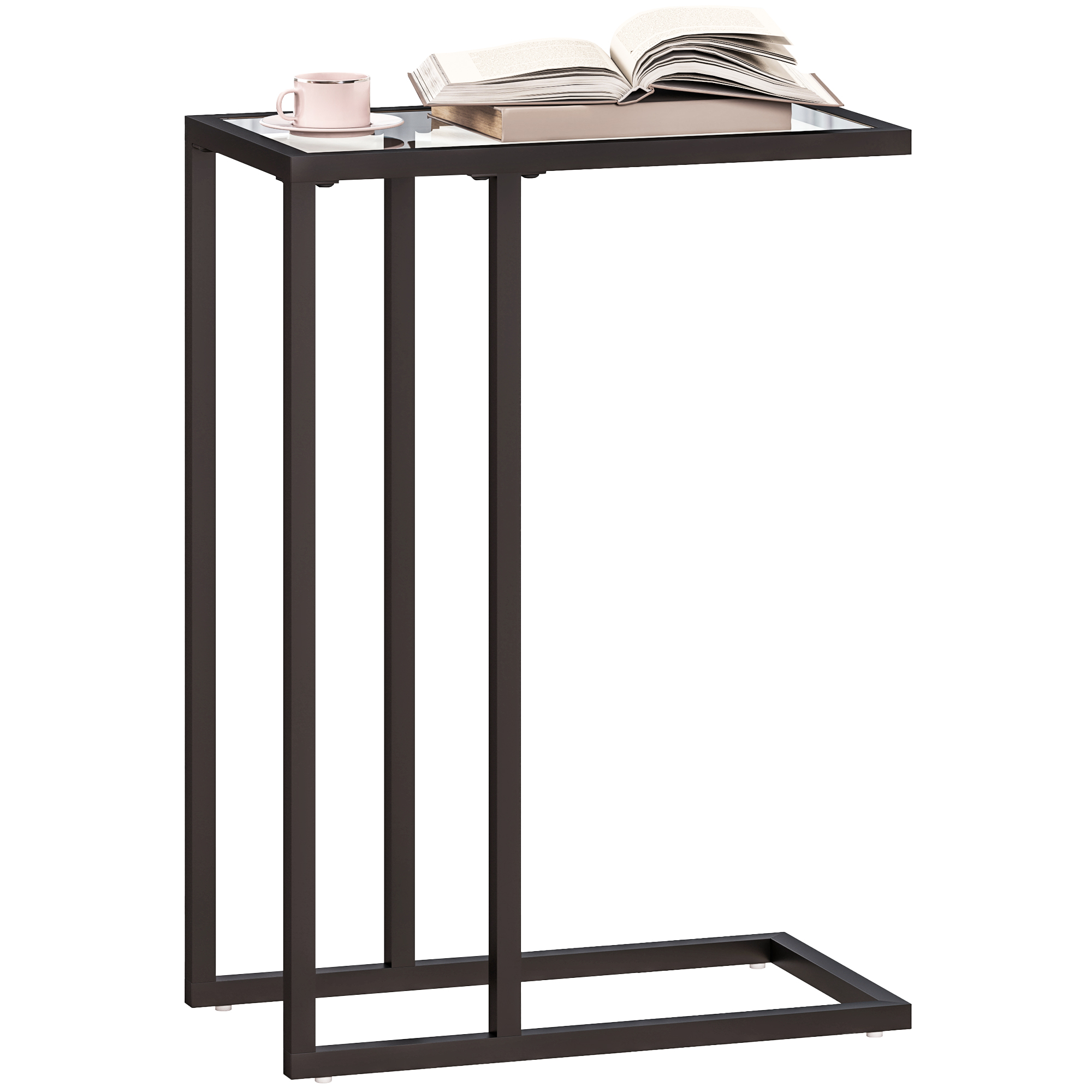 Un tavolino moderno con piano in vetro, una tazza rosa e libri. Il telaio è marrone scuro.