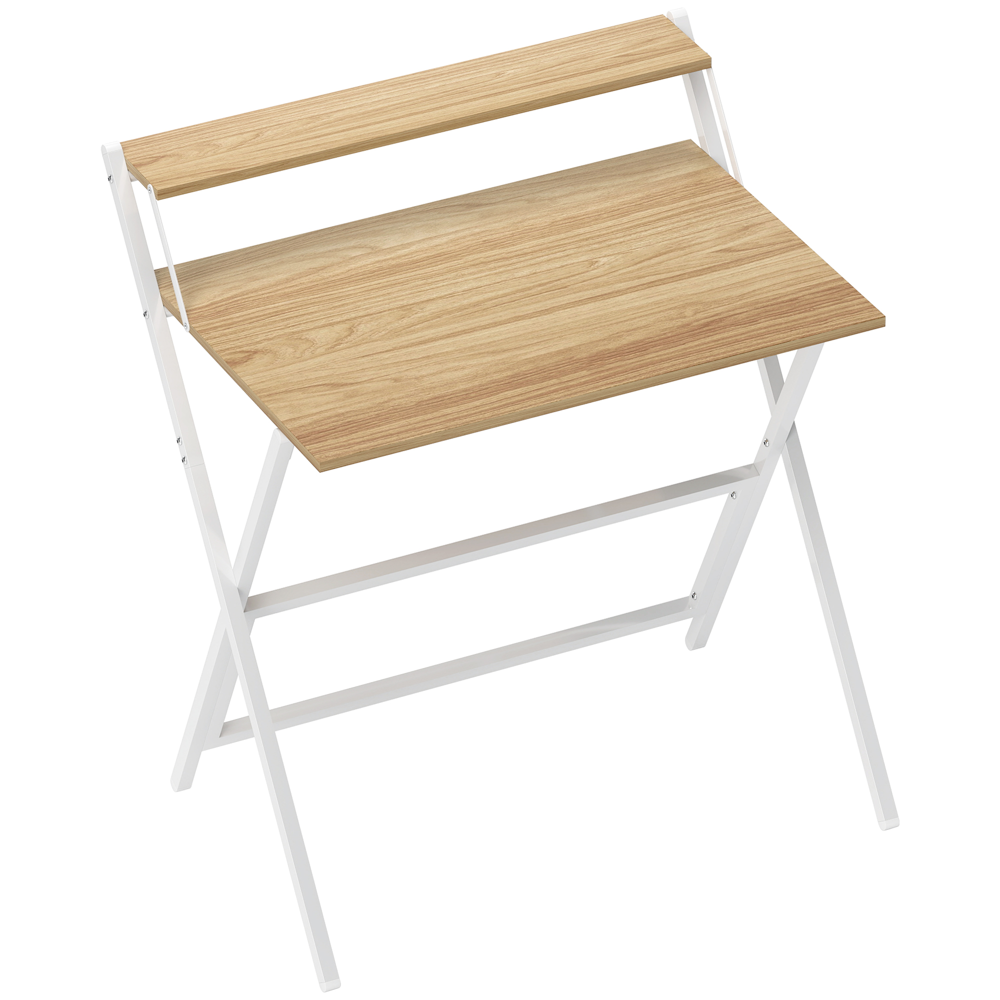 Scrivania pieghevole con piano in legno e telaio in metallo bianco, due livelli, su sfondo bianco.