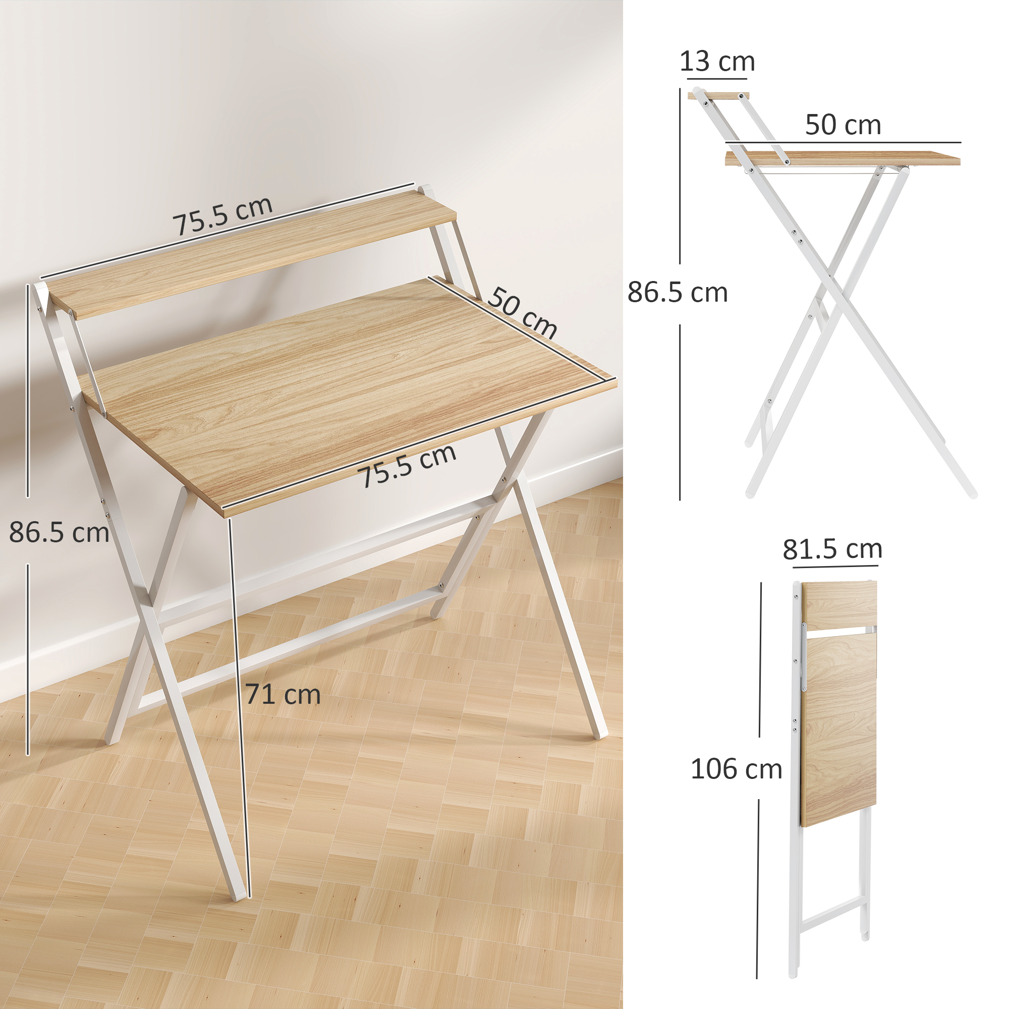 Scrivania pieghevole con piano in legno e struttura in metallo bianco. Sono indicate le misure. È posto vicino a un muro bianco su un pavimento piastrellato.