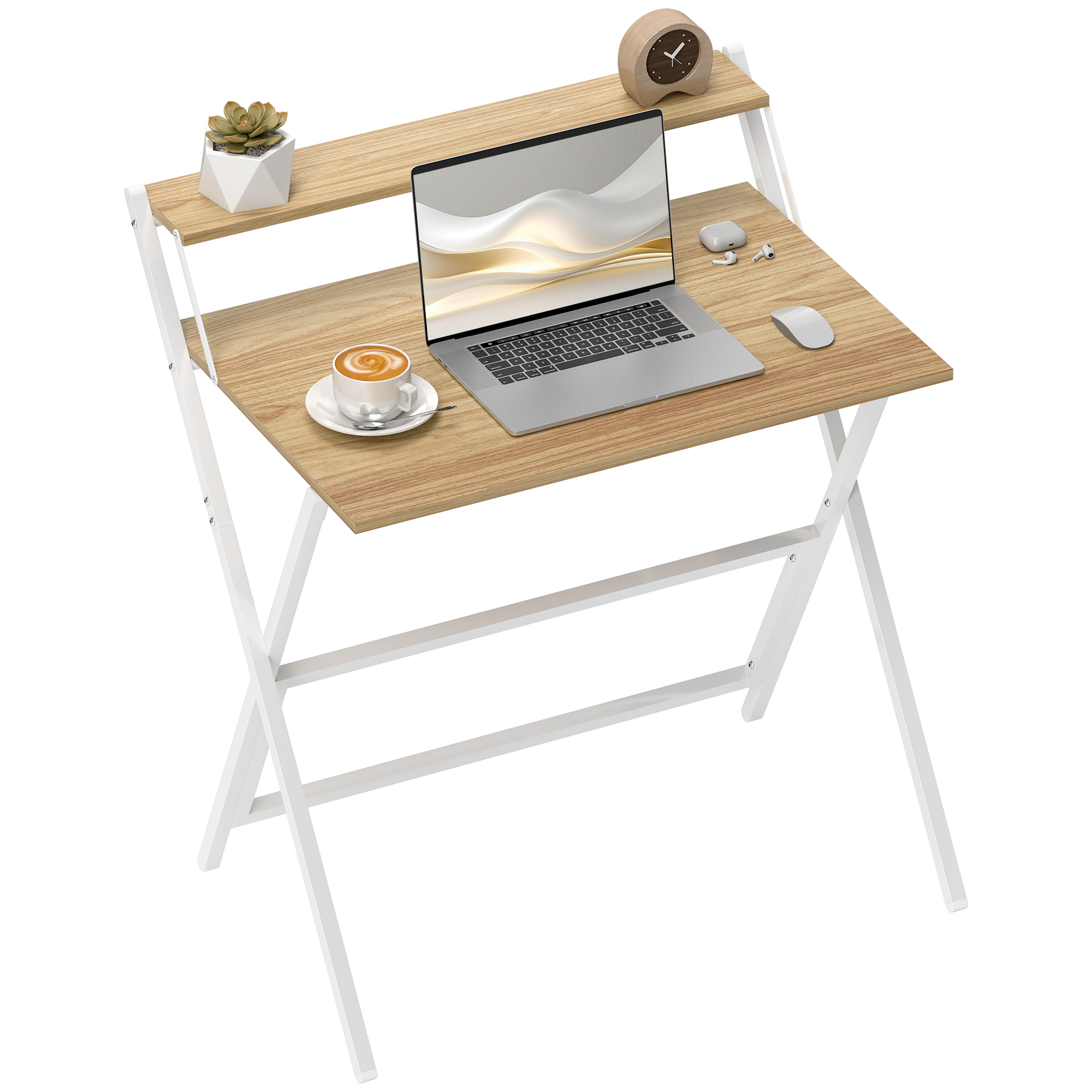 Una scrivania pieghevole con laptop, caffè, succulenta, orologio e mouse su sfondo bianco. La scrivania ha un piano in legno chiaro e gambe bianche.