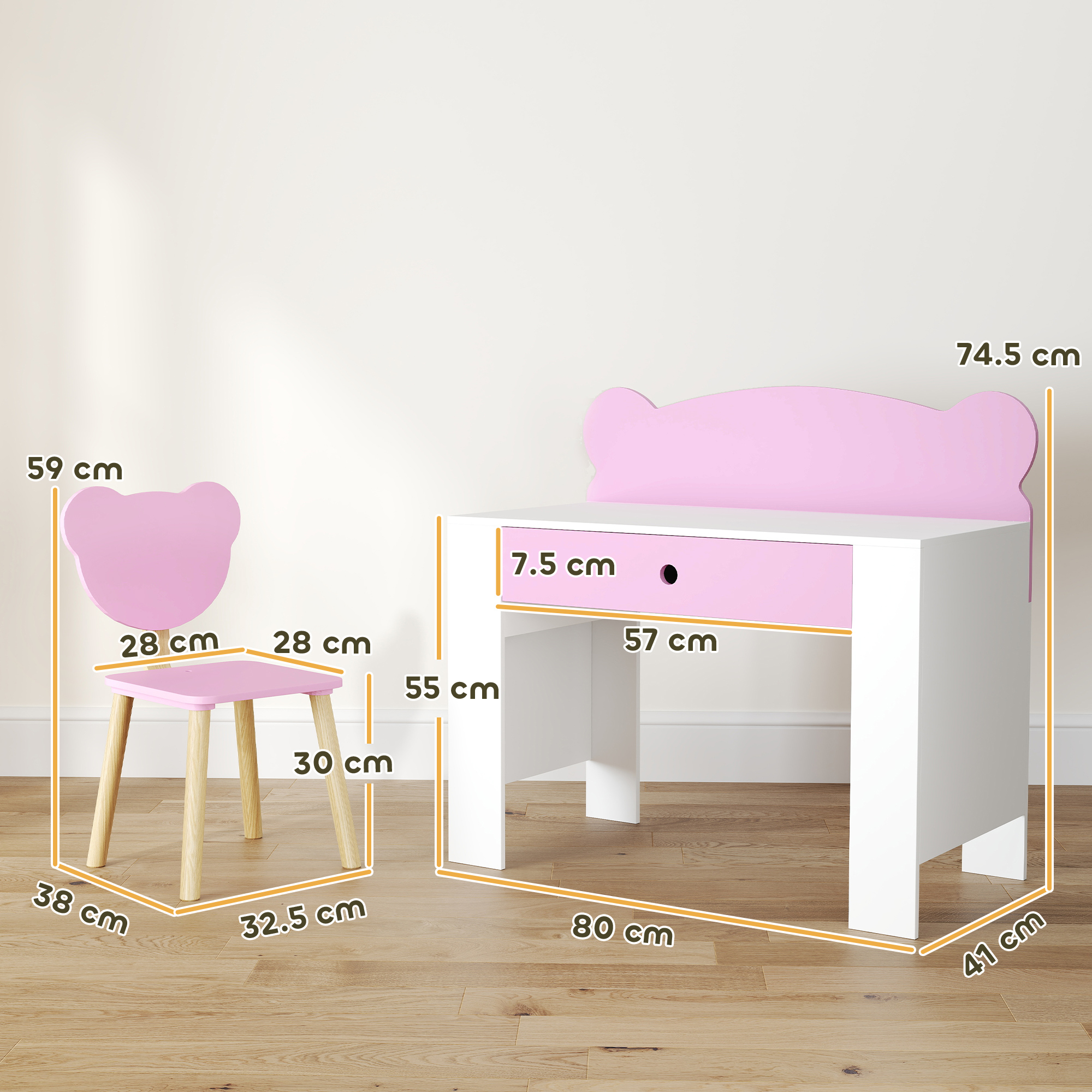 Un set di scrivania e sedia per bambini. La scrivania ha un cassetto rosa. La sedia e lo schienale della scrivania sono rosa. Il pavimento è in legno.