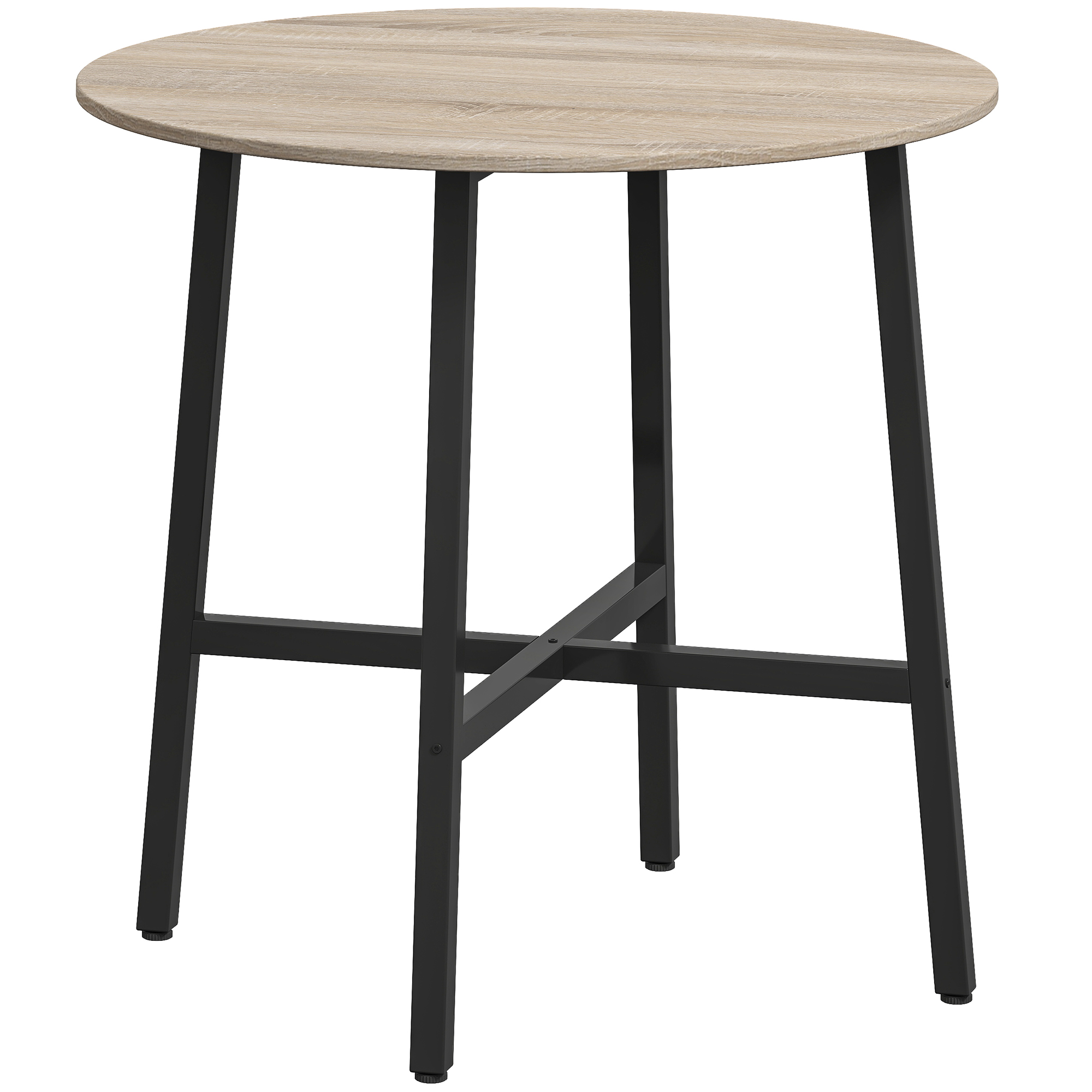 Un tavolo rotondo con piano in legno chiaro e gambe in metallo nero. Le gambe sono dritte e collegate da una traversa.