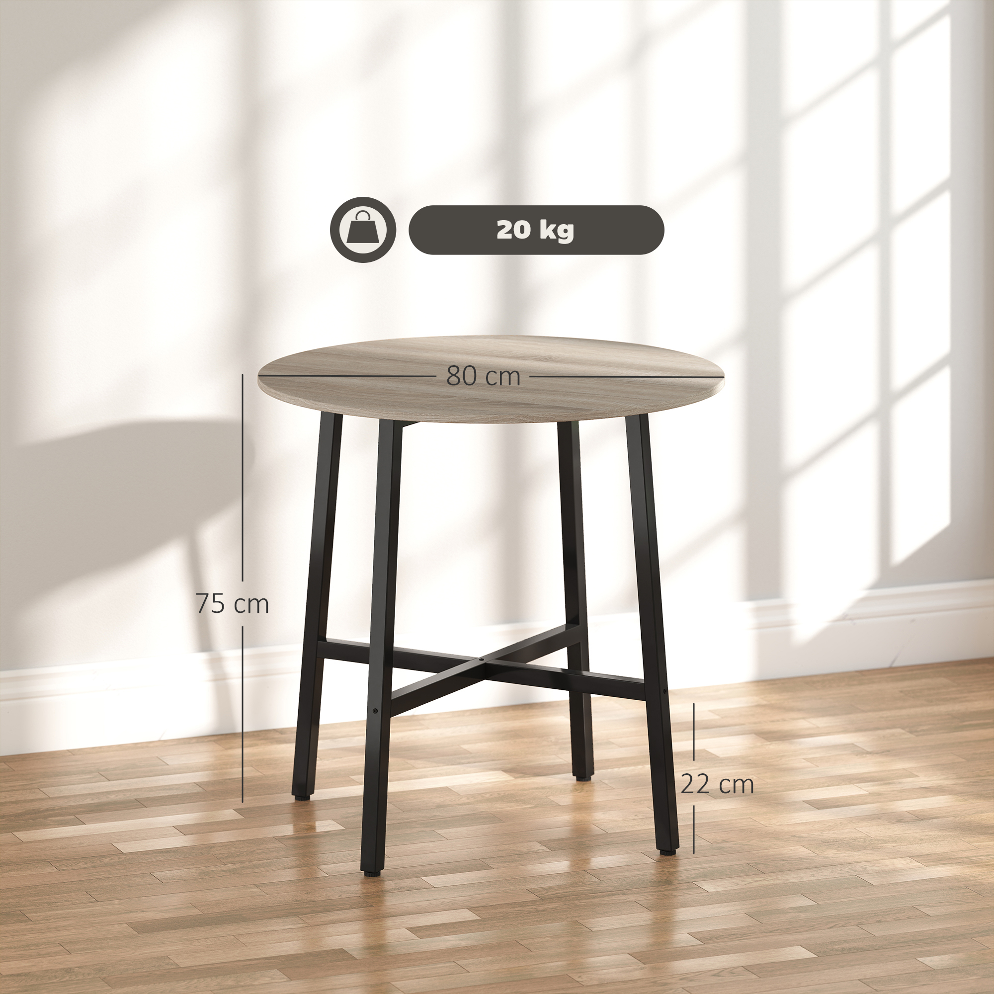 Un tavolo rotondo con piano marrone chiaro e gambe nere. Dimensioni: 80 cm diametro, 75 cm altezza, 22 cm larghezza gamba e 20 kg peso.