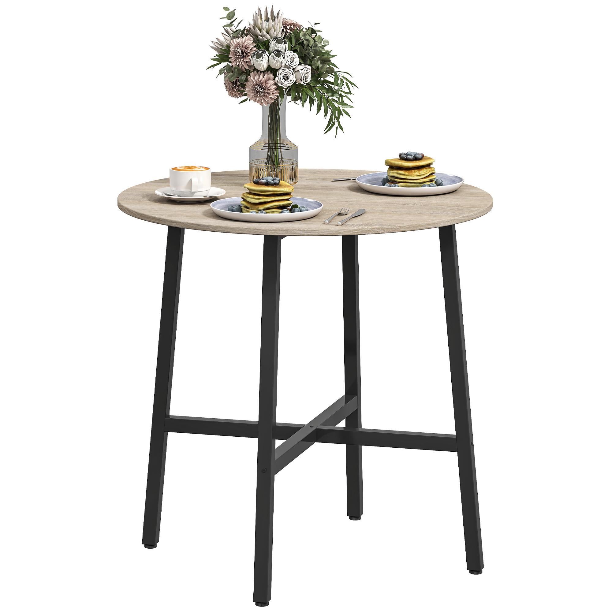 Un tavolo rotondo con pancake, mirtilli e una tazza di caffè. Un vaso con fiori è posto sul tavolo. Gambe del tavolo nere.