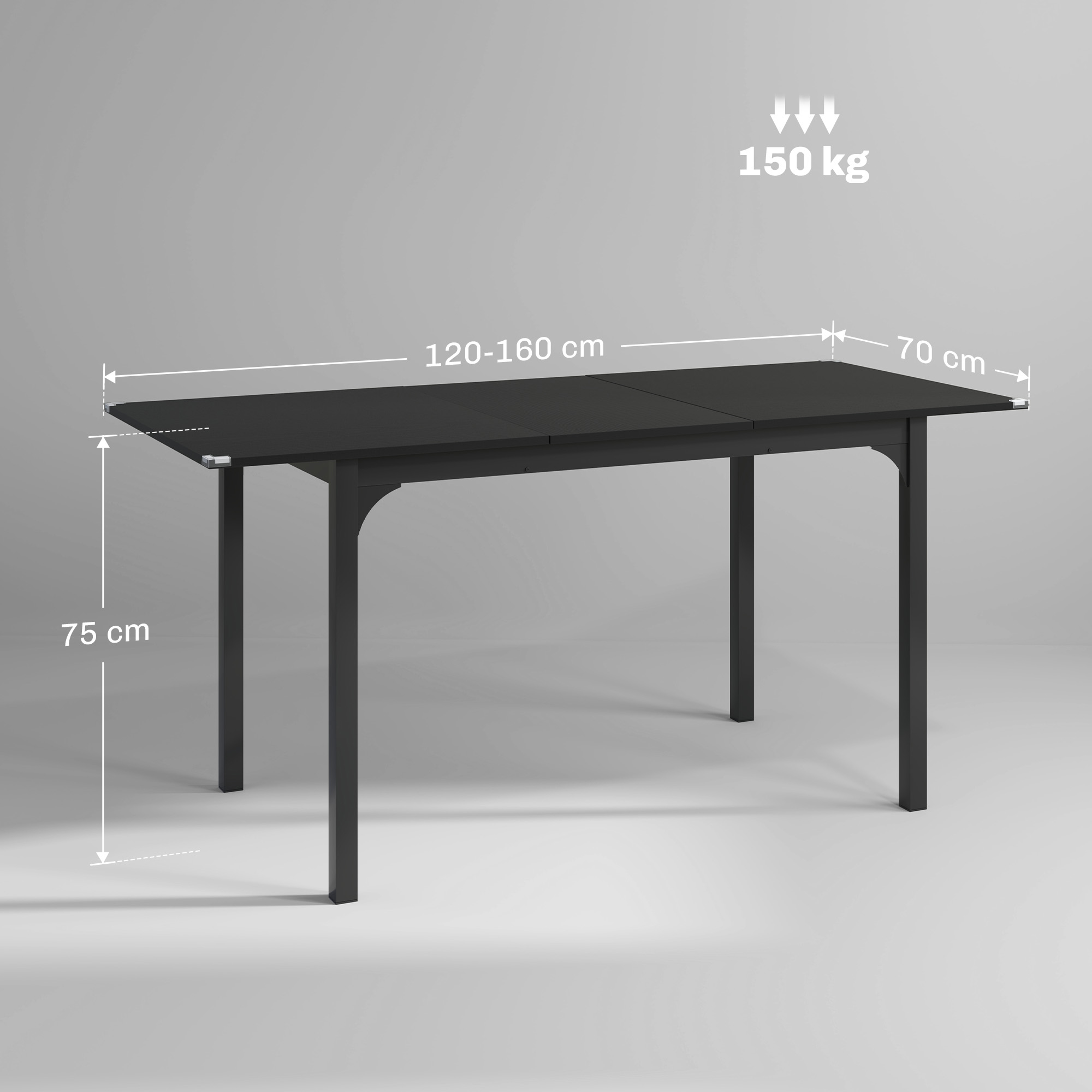 Tavolo nero con dimensioni. Lungo 120-160 cm, largo 70 cm e alto 75 cm. Supporta 150 kg.