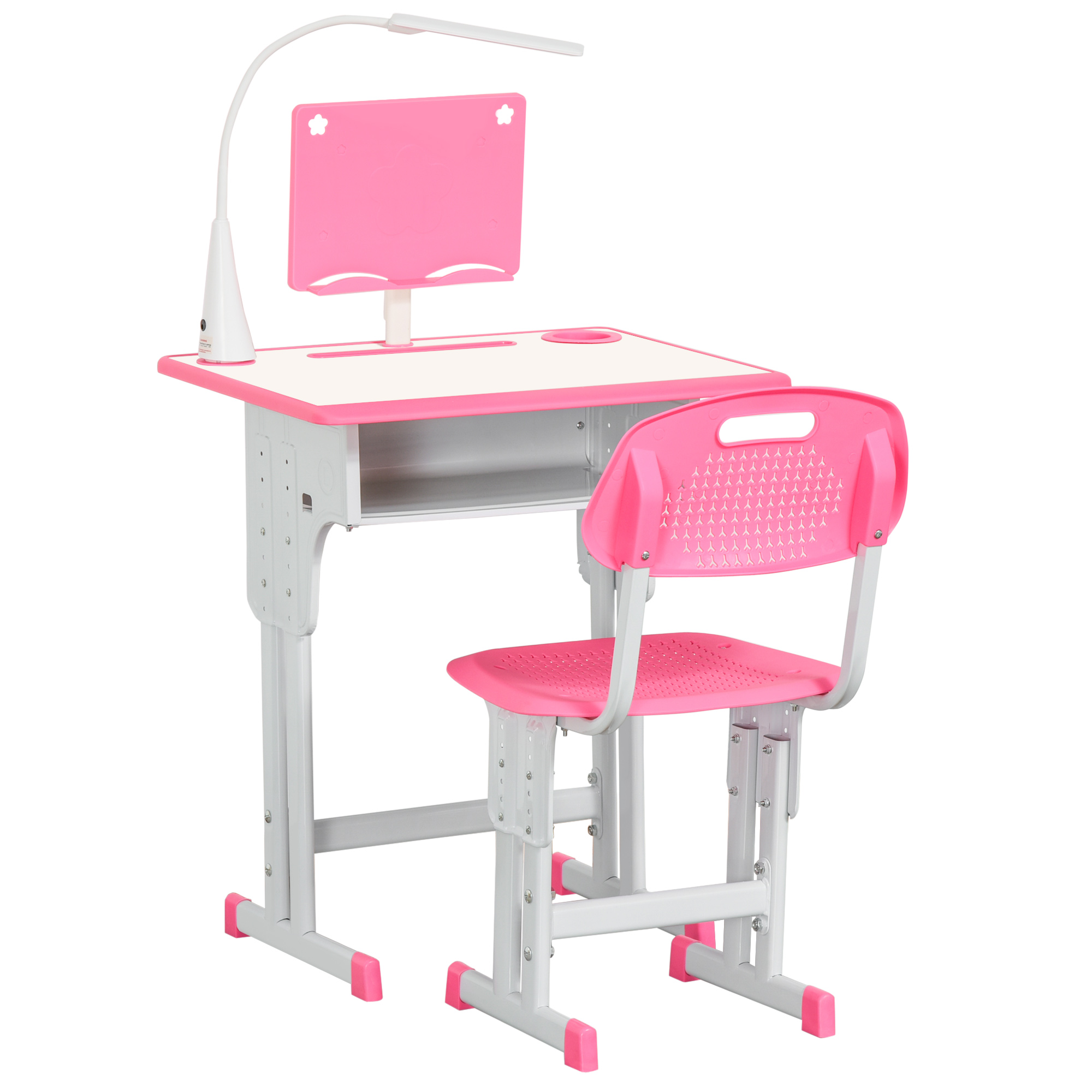 Un set scrivania e sedia per bambini rosa e bianco. La scrivania ha un piano rosa e una base bianca, con una sedia abbinata.