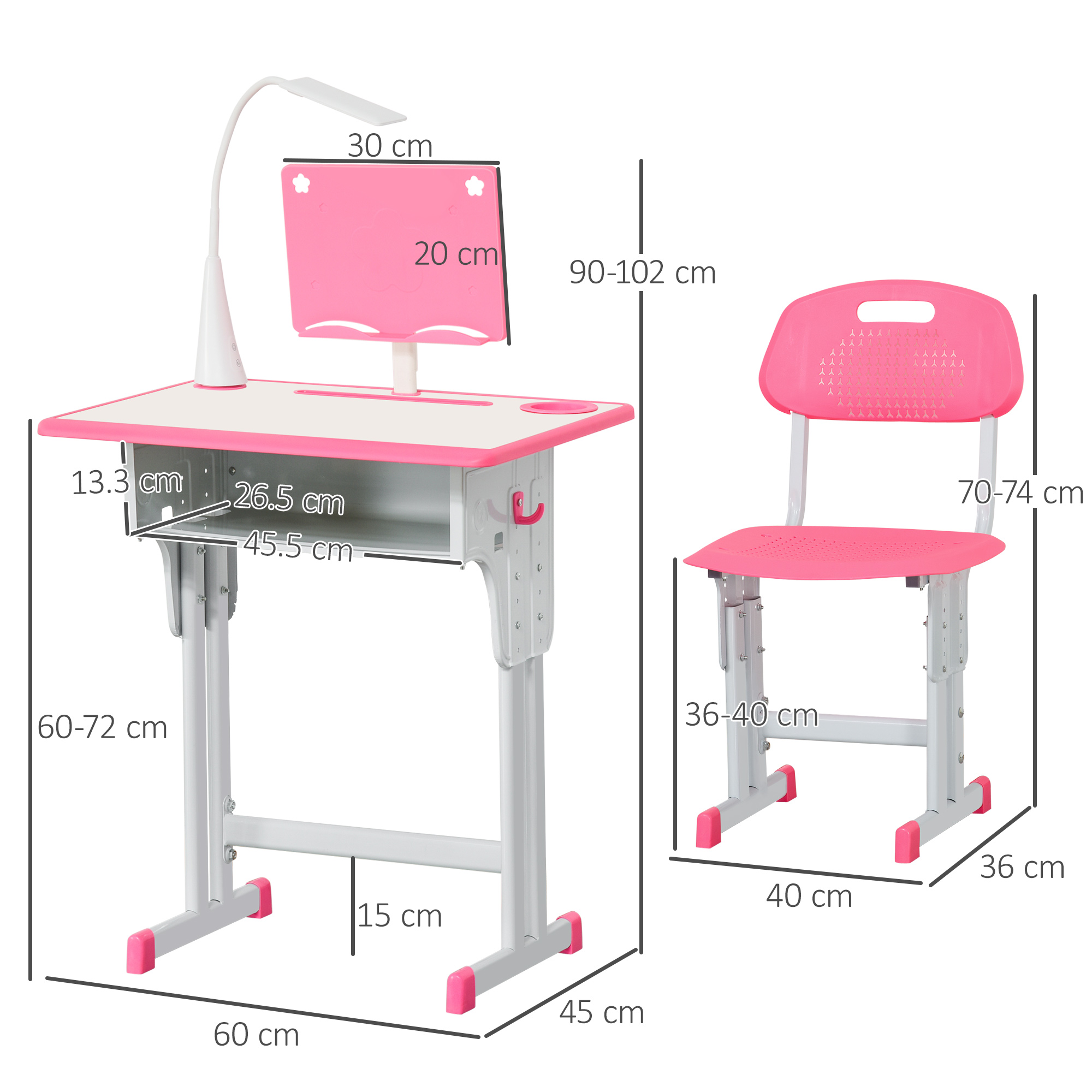 Un set scrivania e sedia per bambini rosa e bianco. La scrivania ha una lampada e dimensioni etichettate. La sedia è accanto.