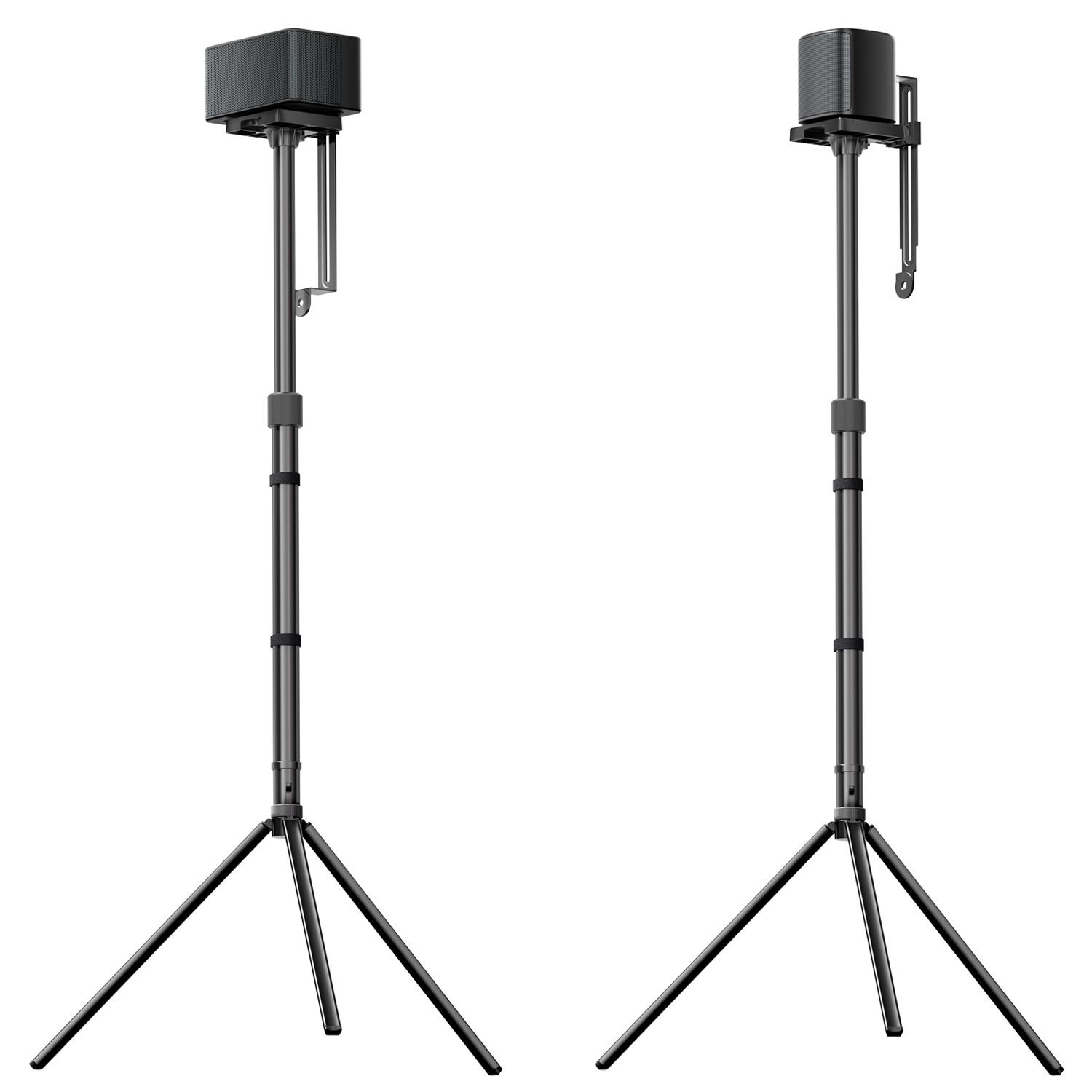 Dwa czarne stojaki na głośniki na białym tle. Każdy ma głośnik na górze, słup i podstawę statywu.