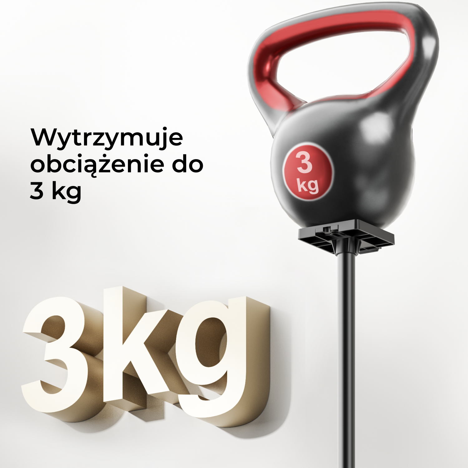 Czarny kettlebell z czerwonym uchwytem i etykietą 3 kg. Tekst mówi 'Wytzymuje obciążenie do 3 kg', i widoczne są litery 3 kg.