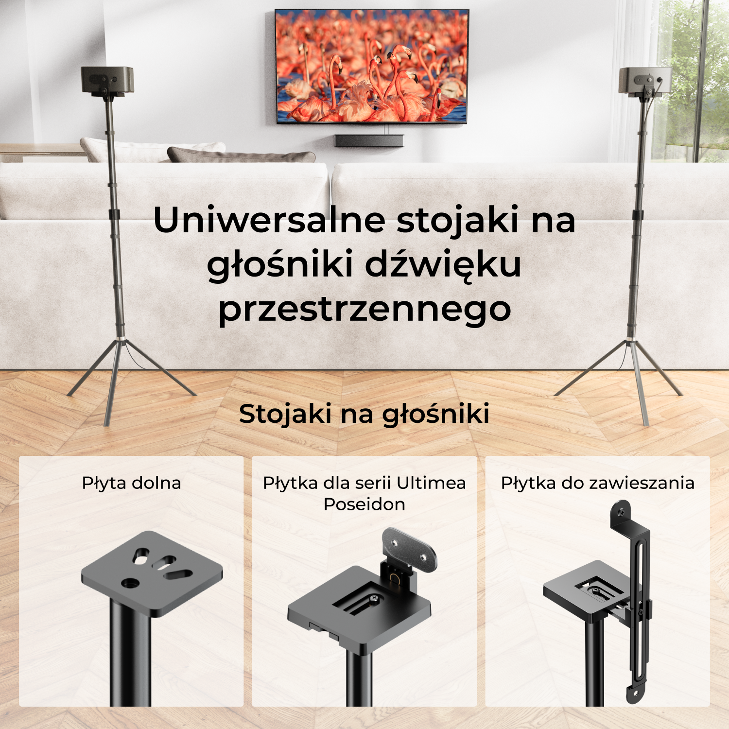 Ustawienie w salonie z podstawkami pod głośniki. Telewizor wyświetla flamingi. Pokazano podstawki pod głośniki i ich części. Tekst w języku polskim opisuje przedmioty.