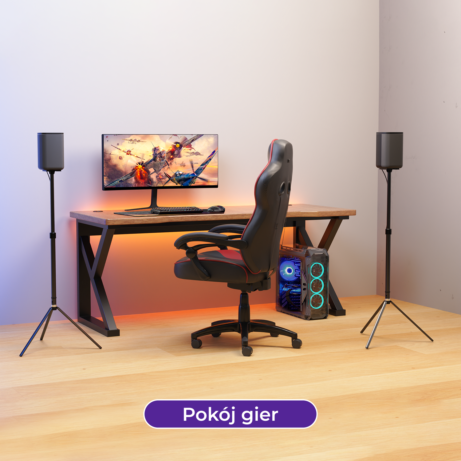 Konfiguracja do gier z monitorem wyświetlającym scenę z samolotami bojowymi, biurkiem, krzesłem, głośnikami i obudową komputera.