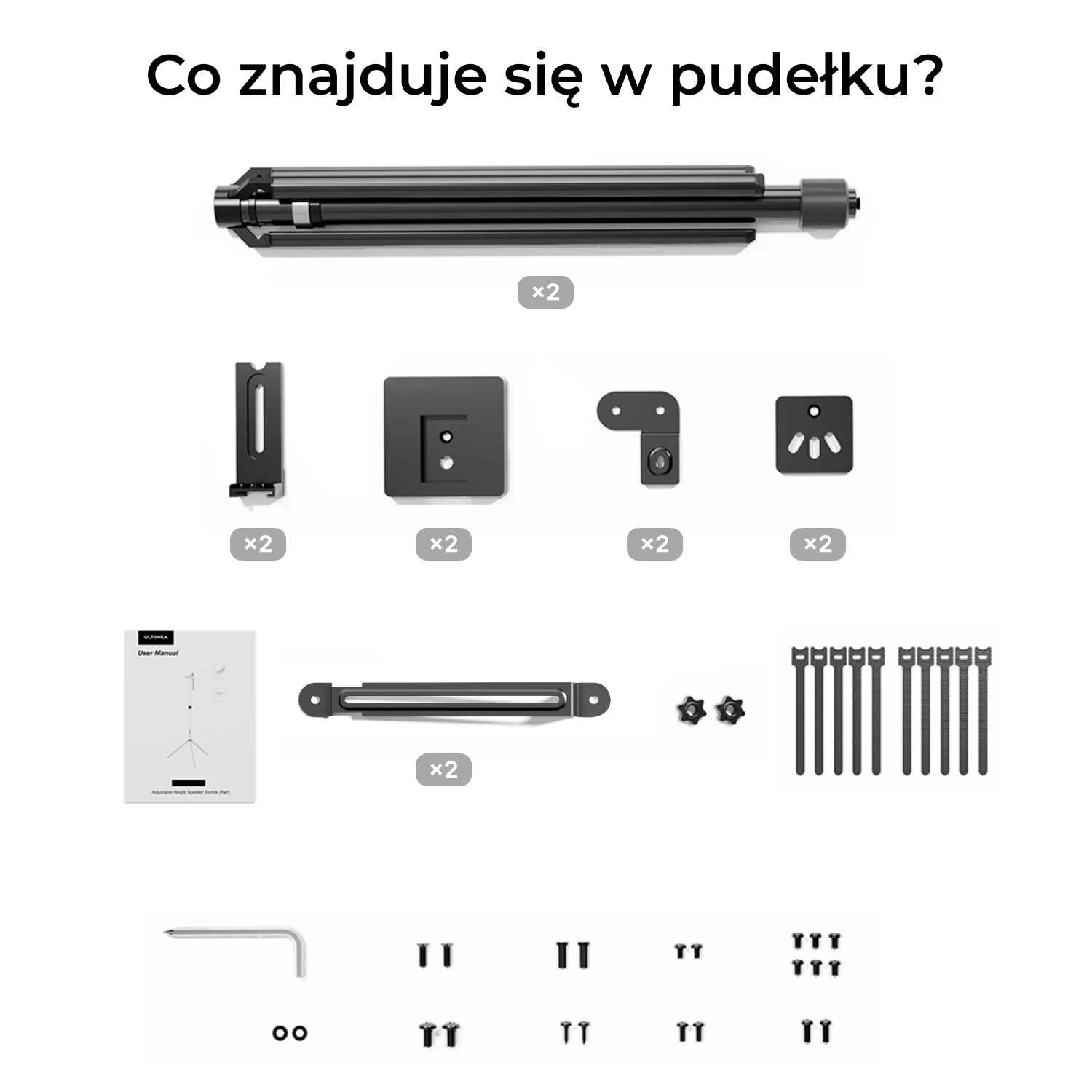 Obraz przedstawia różne czarne elementy produktu, w tym rury, wsporniki, śruby i instrukcję obsługi, wszystko na białym tle.