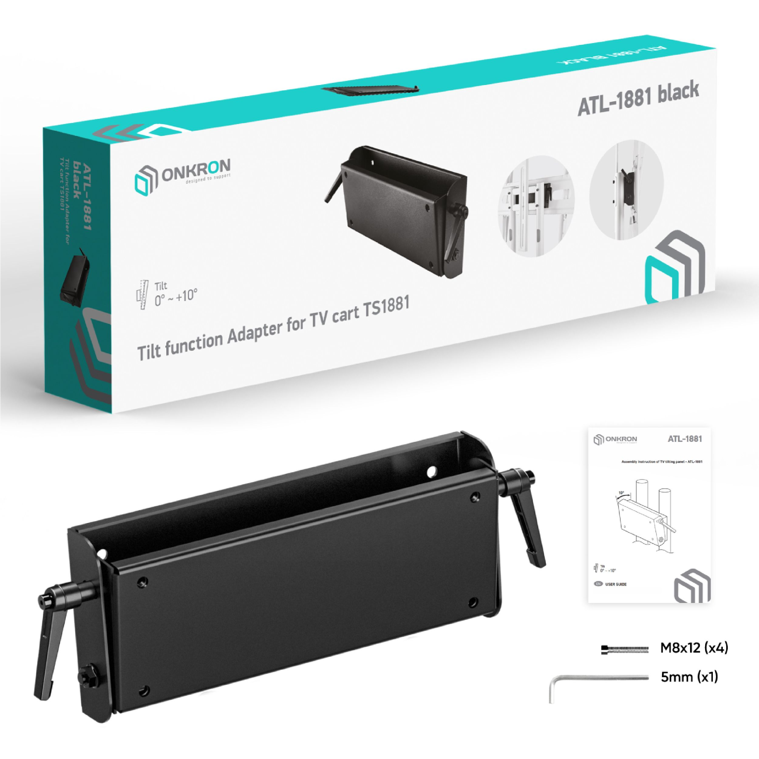 Schwarzer TV-Wagenadapter mit Produktbox, Anleitung und Schrauben. Inklusive Neigungsfunktion 0° bis +10°.