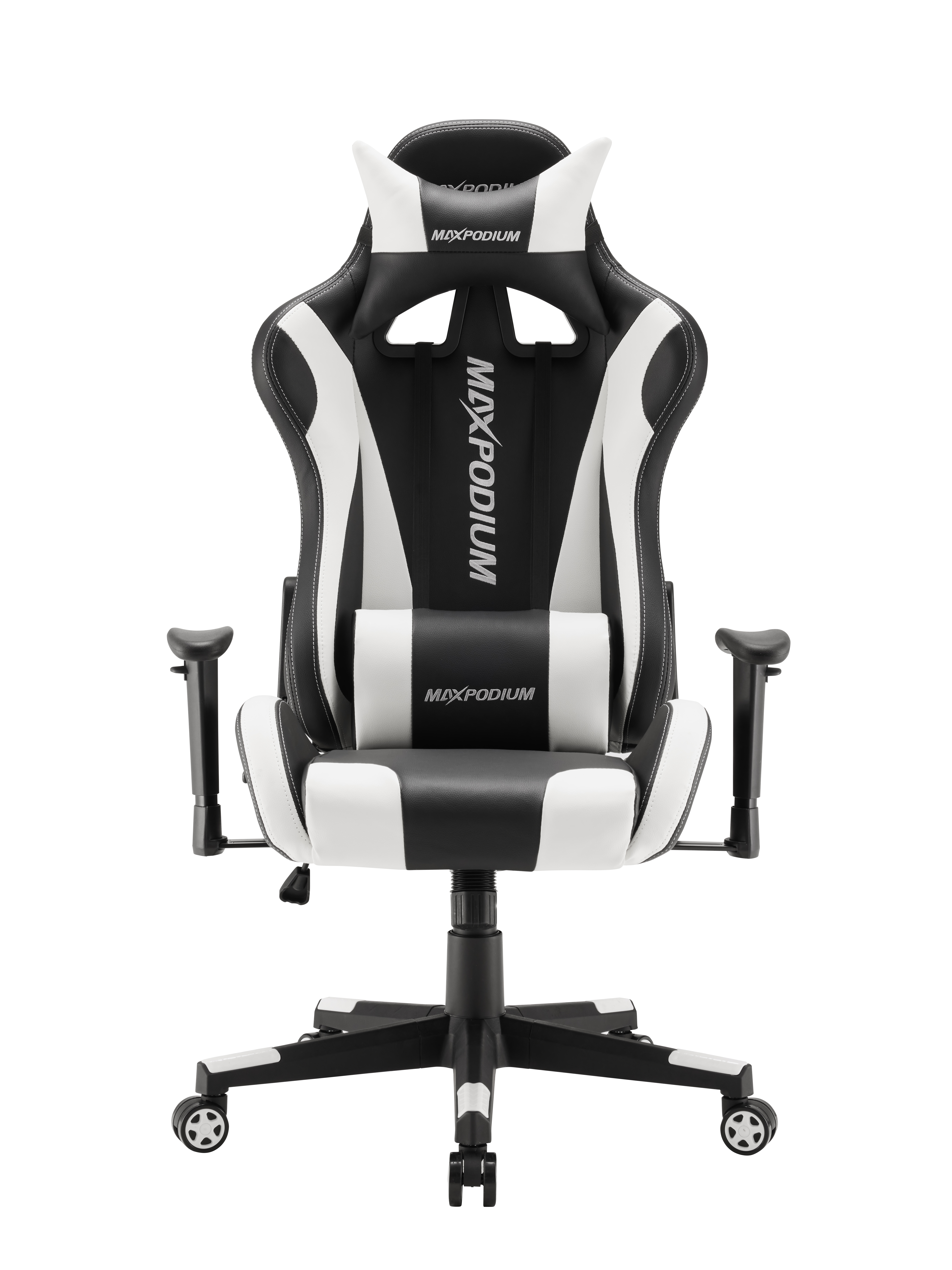 Une chaise de jeu noire et blanche. Elle a un appui-tête, un dossier, des accoudoirs et une assise. La marque MAXPODIUM est visible.