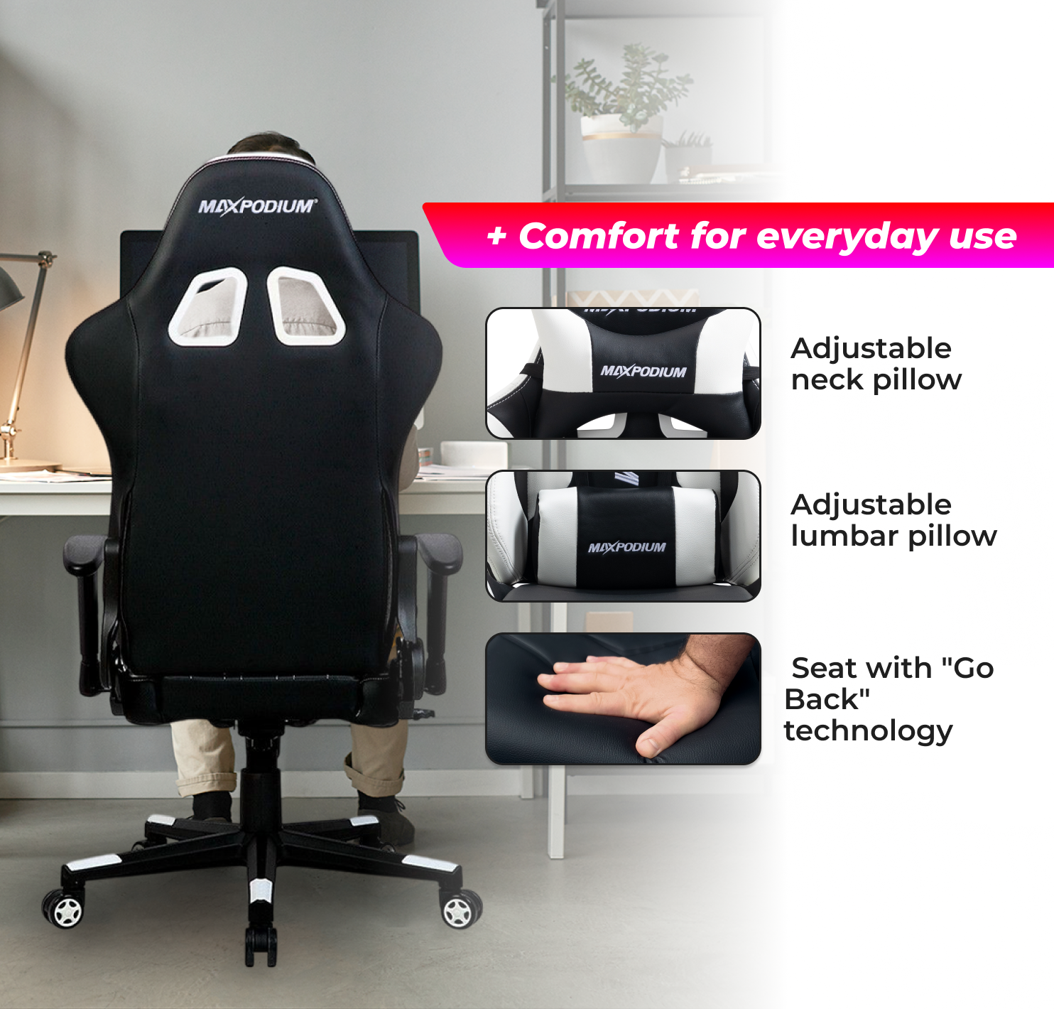 Chaise de jeu noire avec accents blancs. Une personne est assise devant un ordinateur. Comprend des coussins réglables et la technologie 'Go Back'.