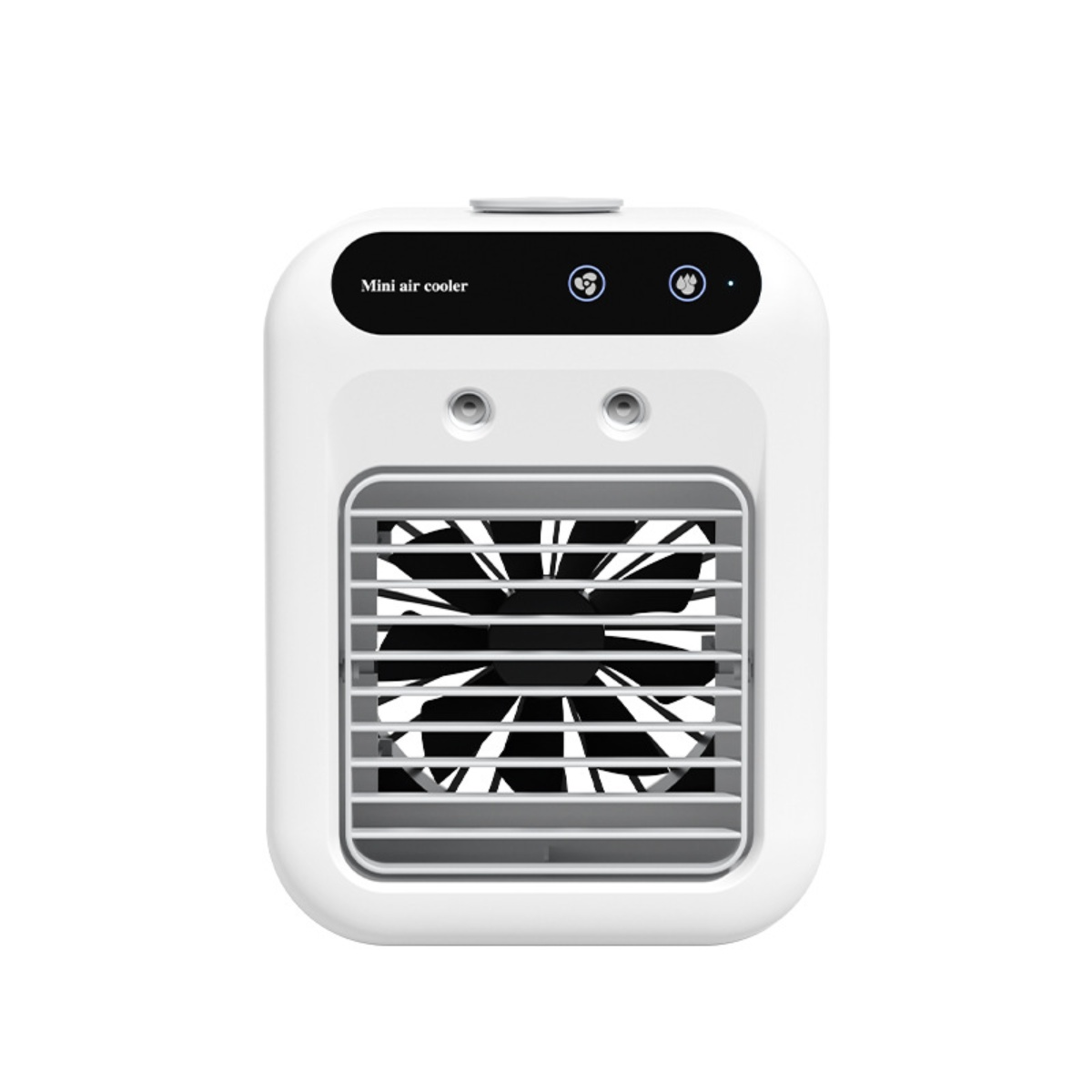 Ein weißer Mini-Luftkühler mit einem schwarzen Ventilator im Inneren. Er hat ein digitales Display und Bedientasten oben und eine Lüftungsöffnung vorn.