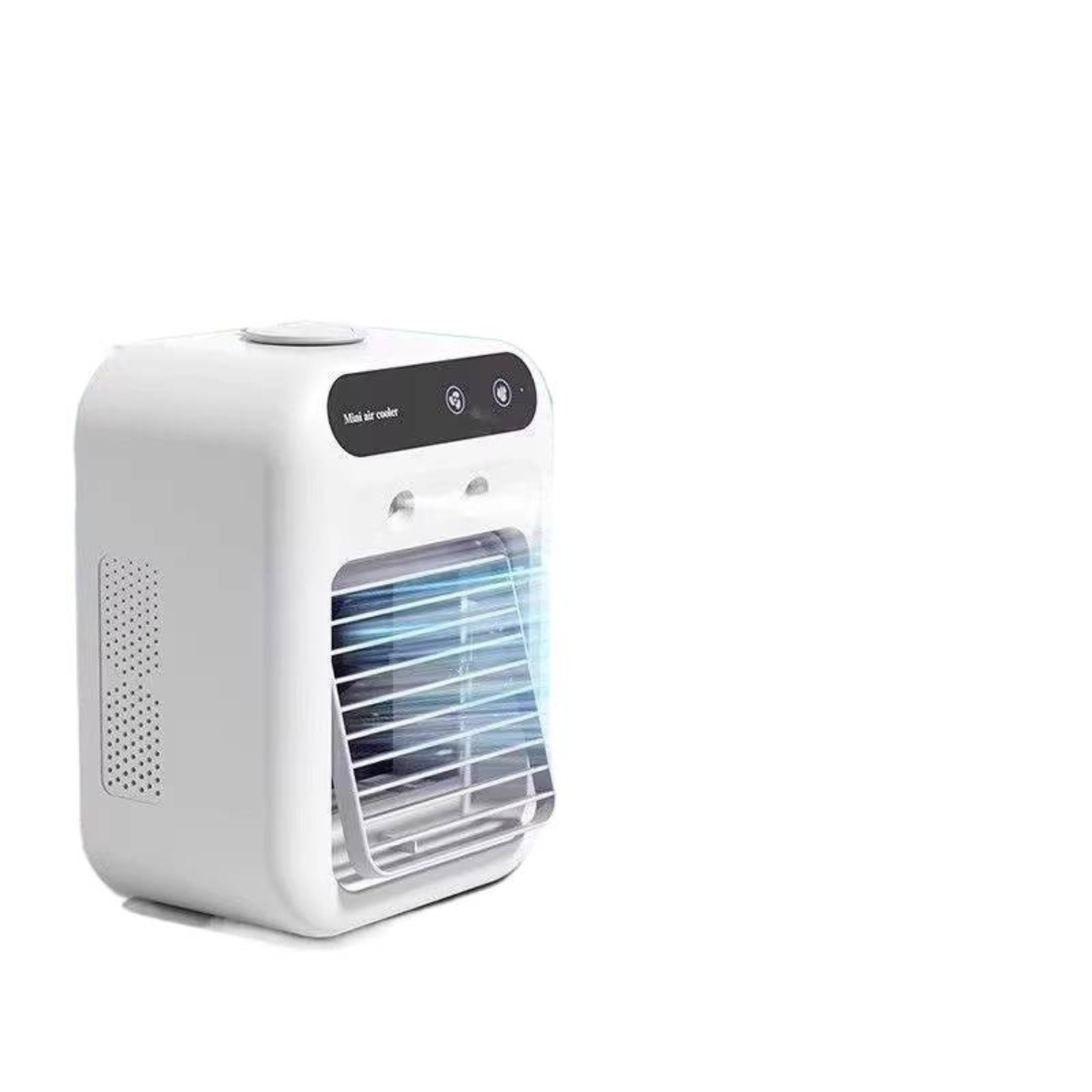 Ein weißer Mini-Luftkühler mit Ventilator steht auf weißem Hintergrund. Er hat eine Lüftungsöffnung und ein Bedienfeld.