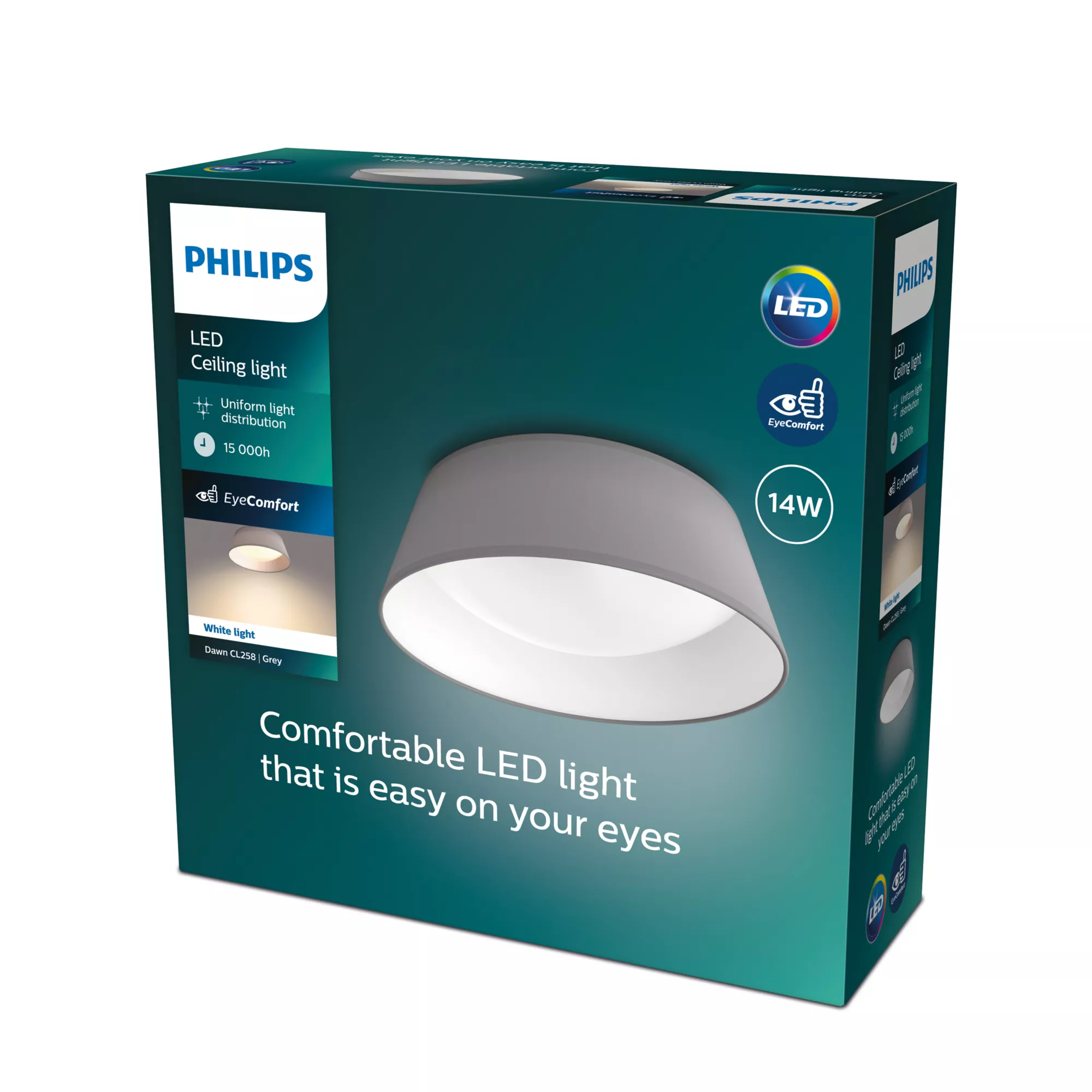 Caja de una lámpara de techo LED Philips, imagen de una pantalla gris. Texto: Luz LED cómoda que no cansa la vista.