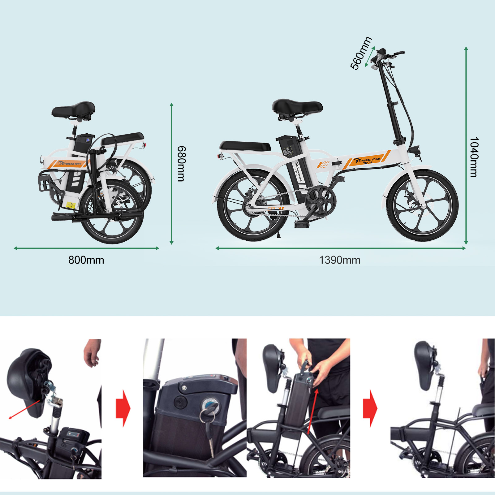 Biały składany rower elektryczny z czarnymi akcentami, wymiary oznaczone. Pokazano kroki składania. Szczegóły obejmują regulacje baterii i siedzenia.