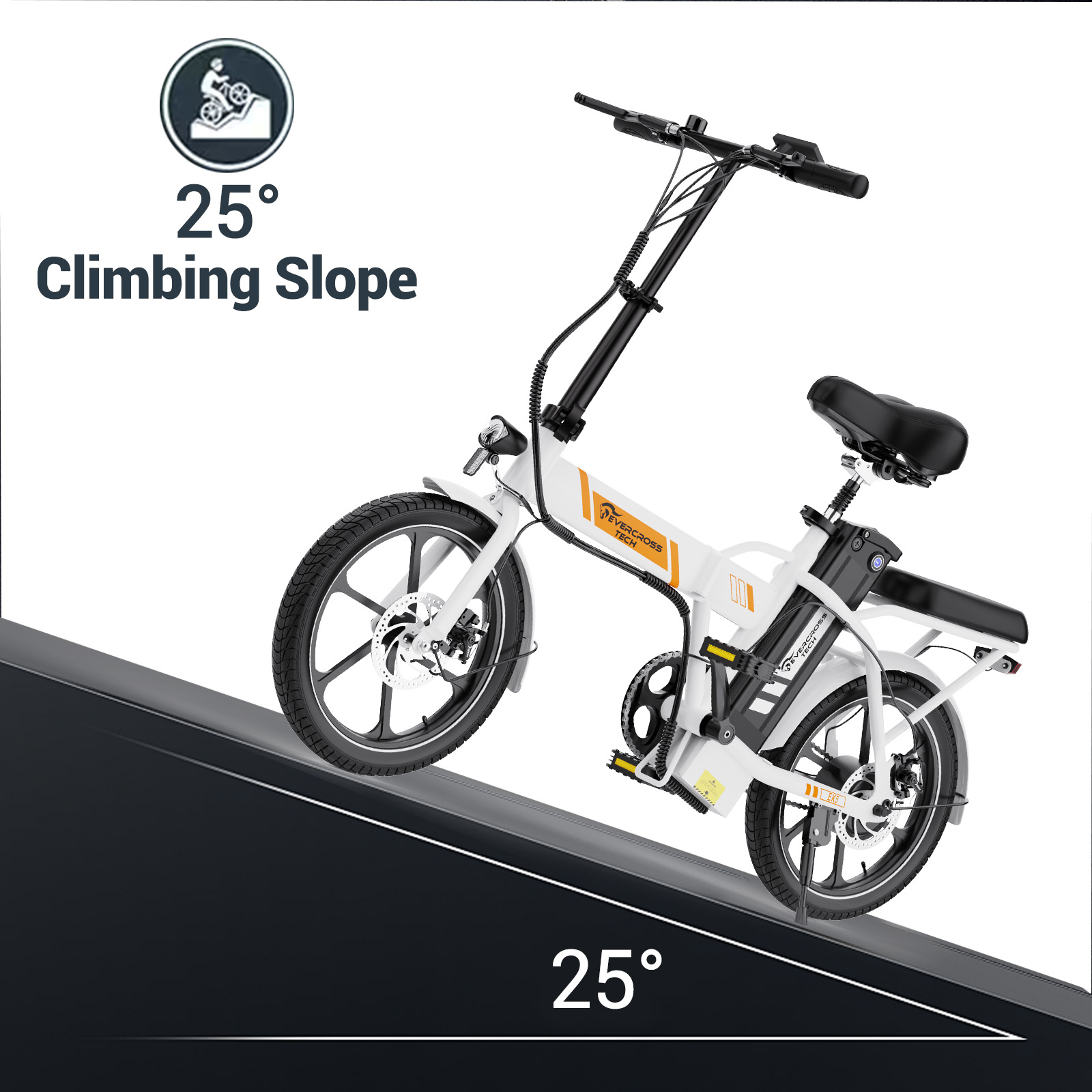 Biały rower elektryczny na zboczu o nachyleniu 25 stopni. Rower ma czarne opony, czarne siodełko i pomarańczowe akcenty. Tło jest białe.