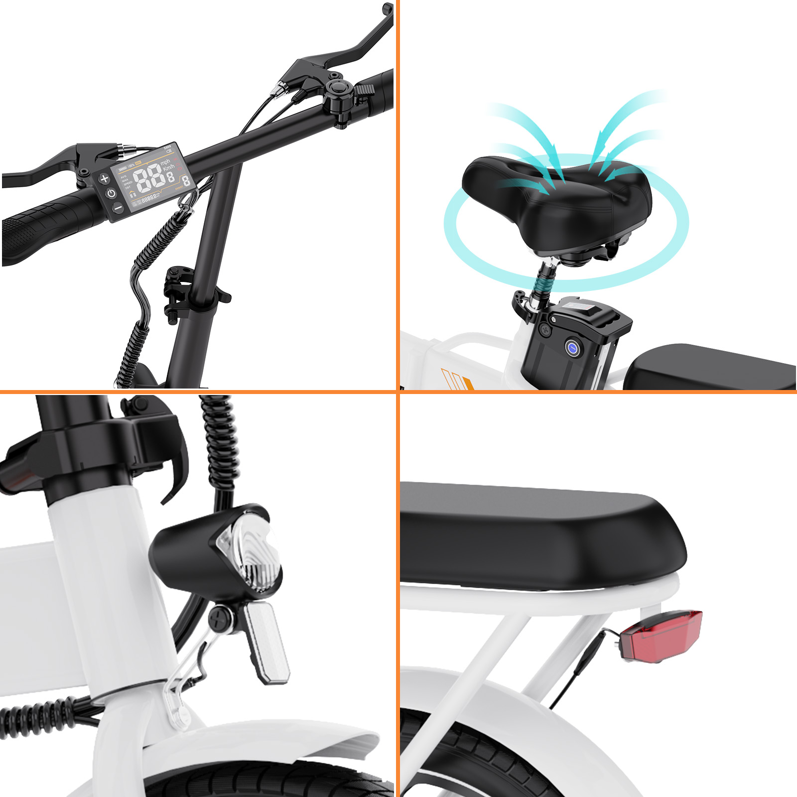 Zbliżenie roweru elektrycznego. Detale: kierownica, wyświetlacz, siodełko, reflektor i światło tylne na białym tle.