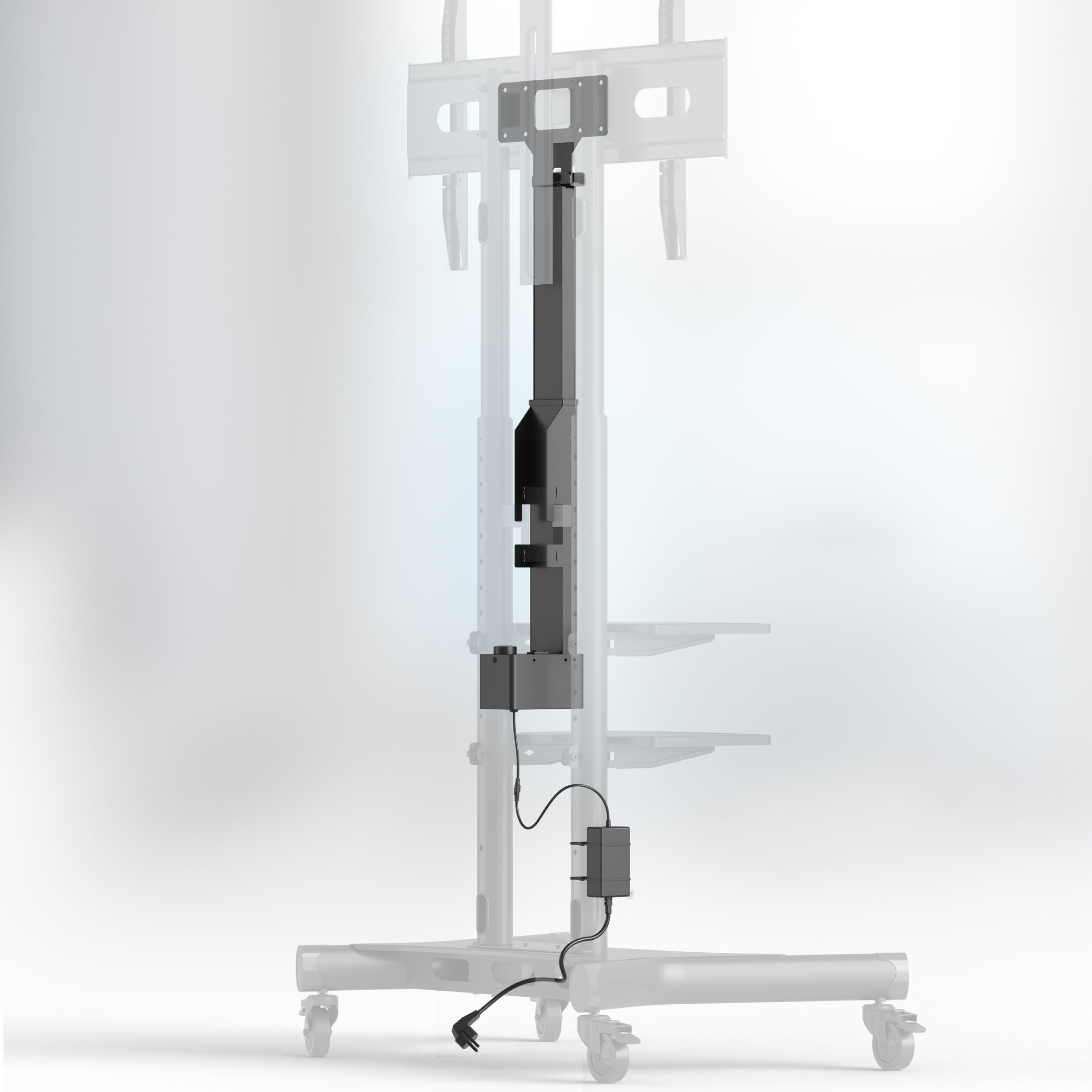 Ein dunkelgrauer TV-Ständer mit Rädern. Der Ständer hat eine Mittelsäule, Regale und ein Netzkabel mit Stecker.