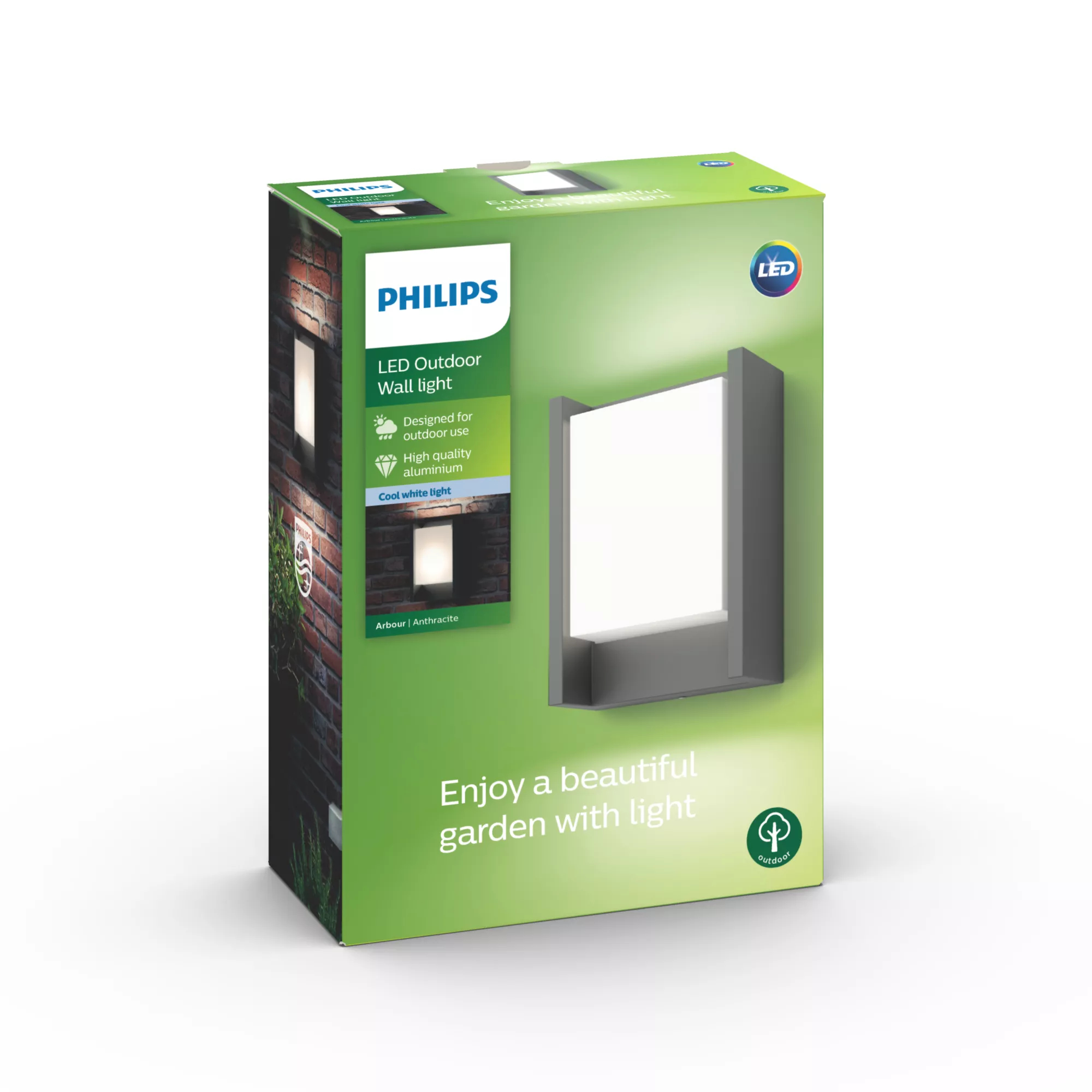 La caja muestra una lámpara de pared LED para exteriores Philips. Está en una caja verde con el nombre y las características del producto. La luz es gris.