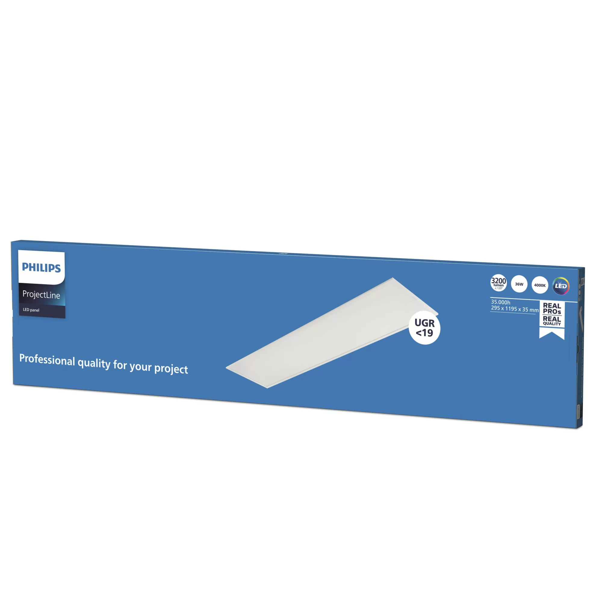 Scatola del pannello LED Philips ProjectLine. Scatola blu con immagine del pannello bianco. Il testo include 'Professional quality' e specifiche tecniche.