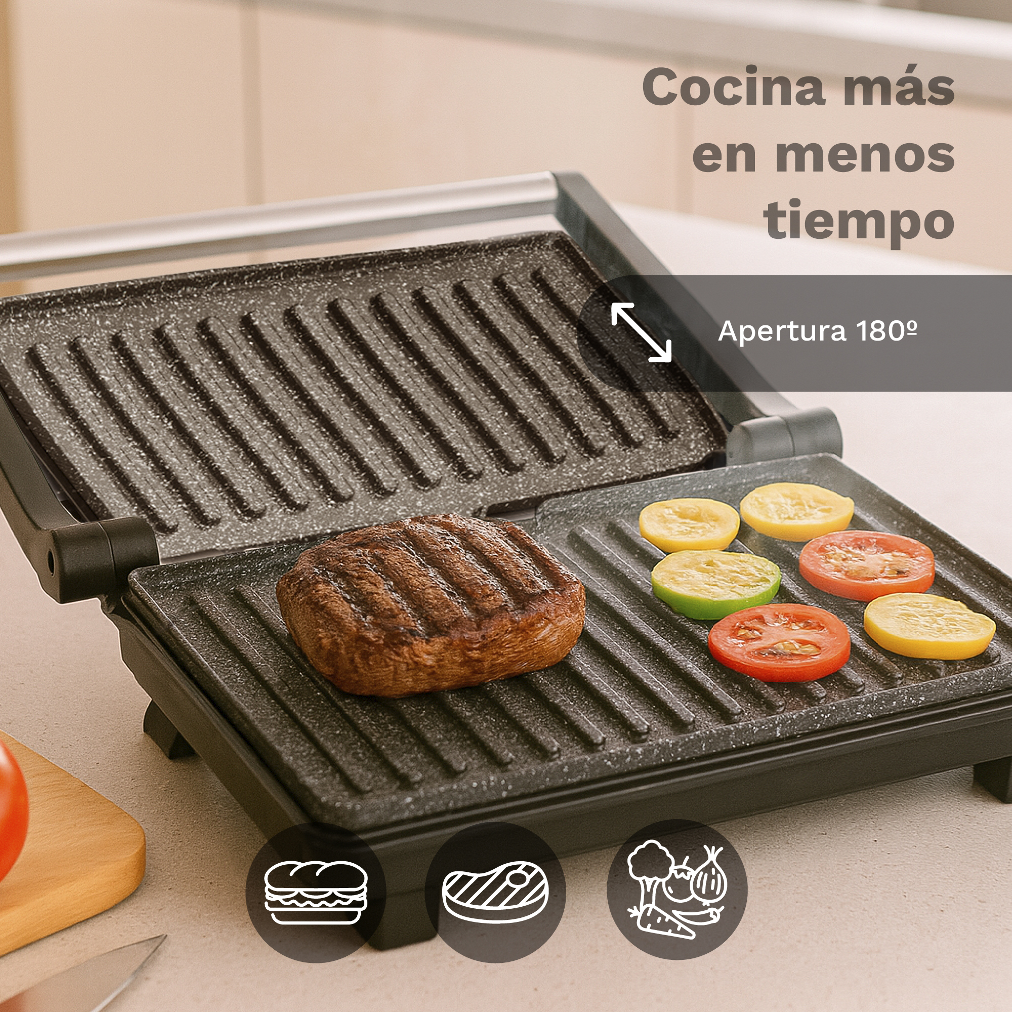 Una griglia con bistecca e verdure. Aperta a 180 gradi, il testo dice 'Cucina di più in meno tempo'.
