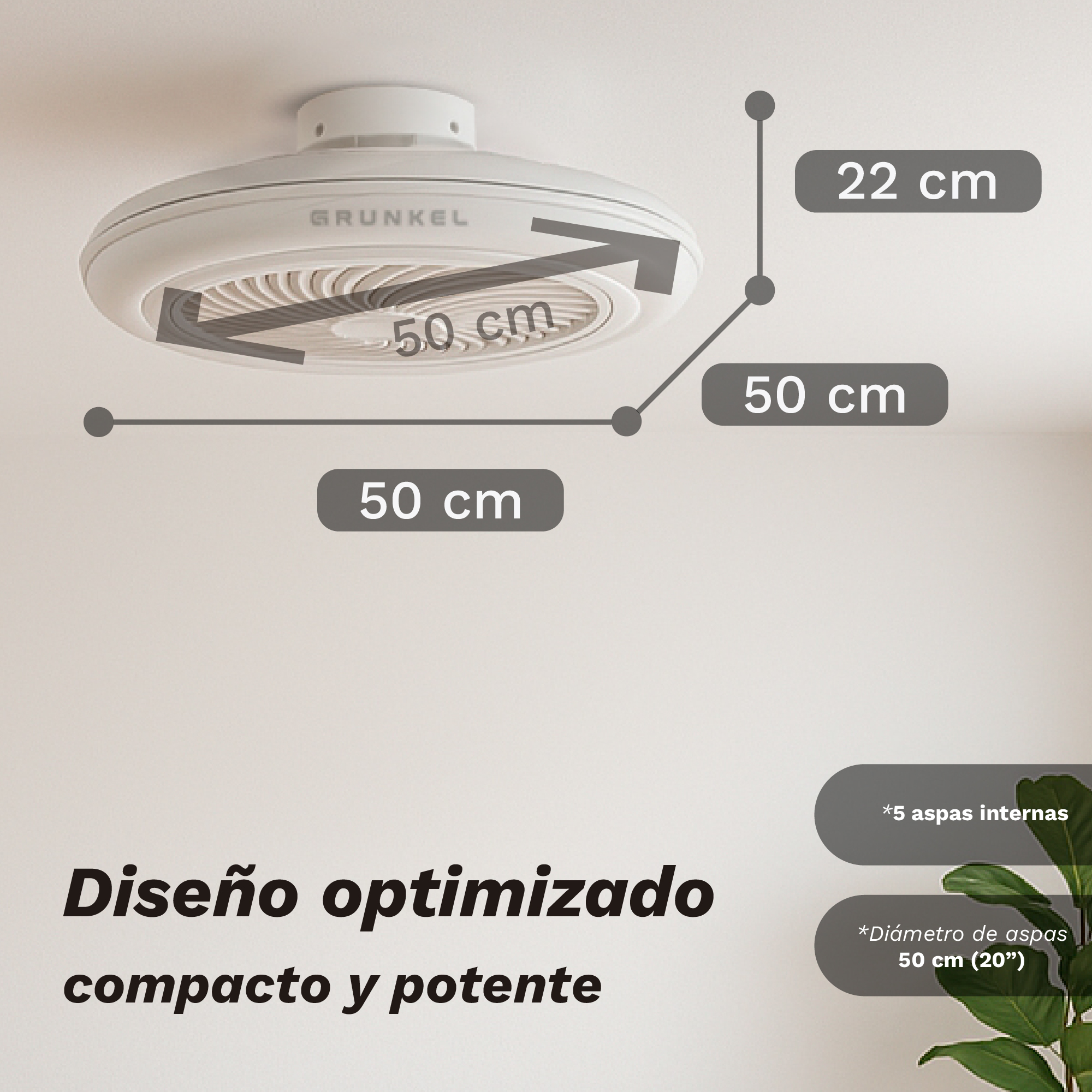 Un ventilador de techo blanco con dimensiones etiquetadas. Texto: 'Diseño optimizado compacto y potente'. Medidas: 50cm, 22cm, 50cm.