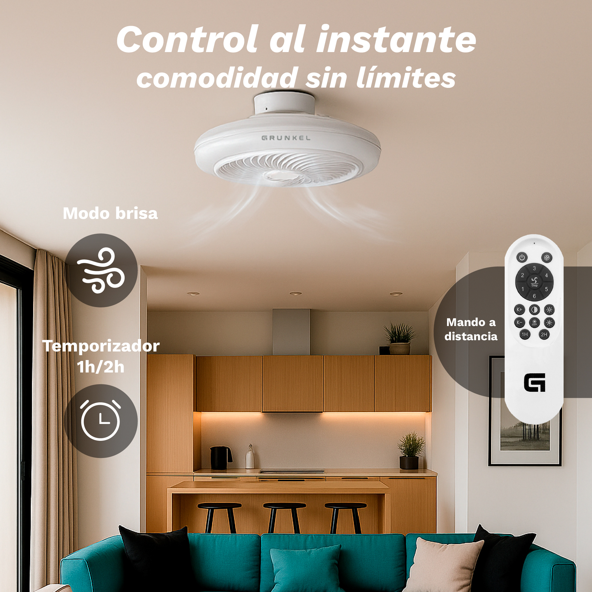 Un ventilador de techo blanco, un mando a distancia e iconos de modo brisa y temporizador se muestran en un salón moderno.