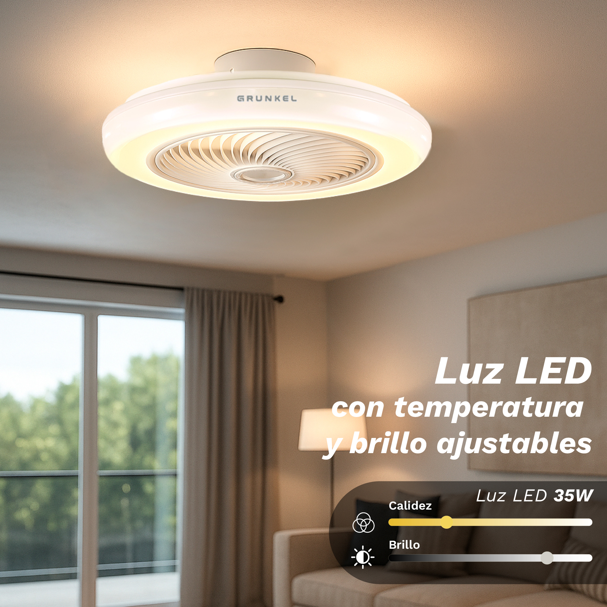 Un ventilador de techo con iluminación LED integrada. Texto indica temperatura y brillo de luz ajustables. Incluye sofá y ventana.
