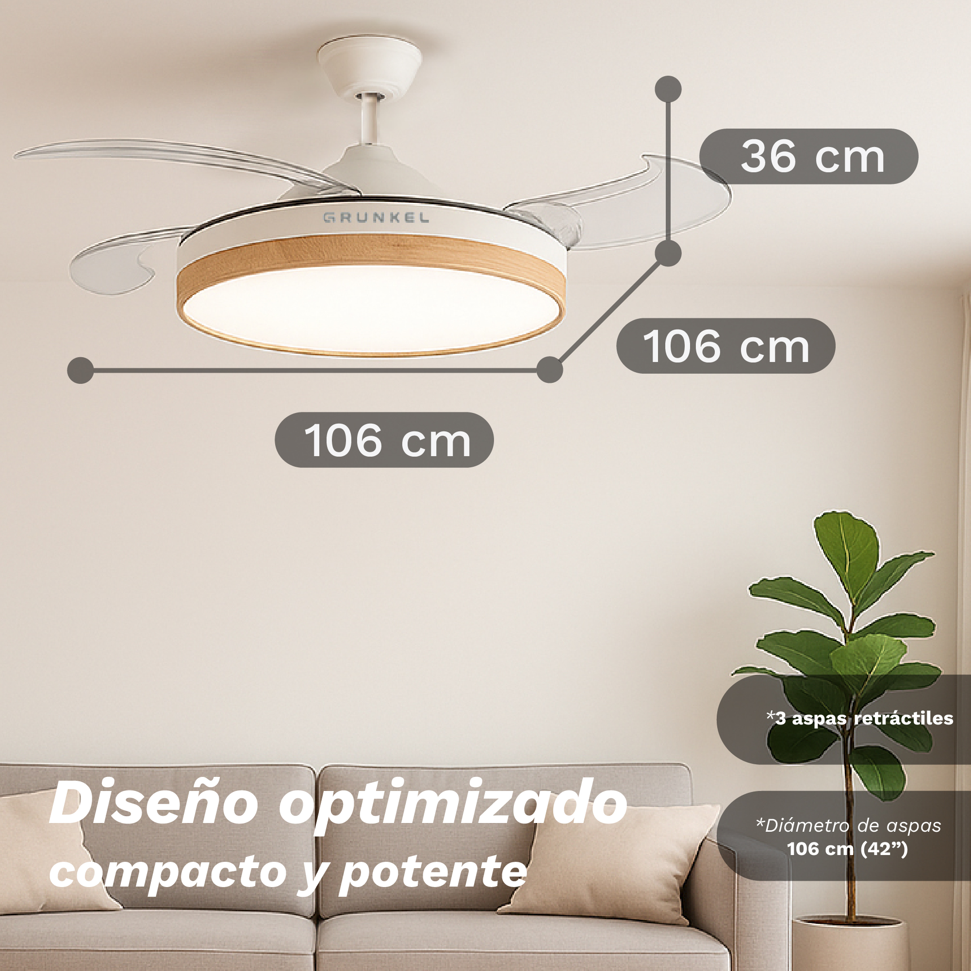 Ventilatore da soffitto con luce, finiture in legno e pale retrattili. Dimensioni: 106 cm, 36 cm. Soggiorno con divano e pianta.
