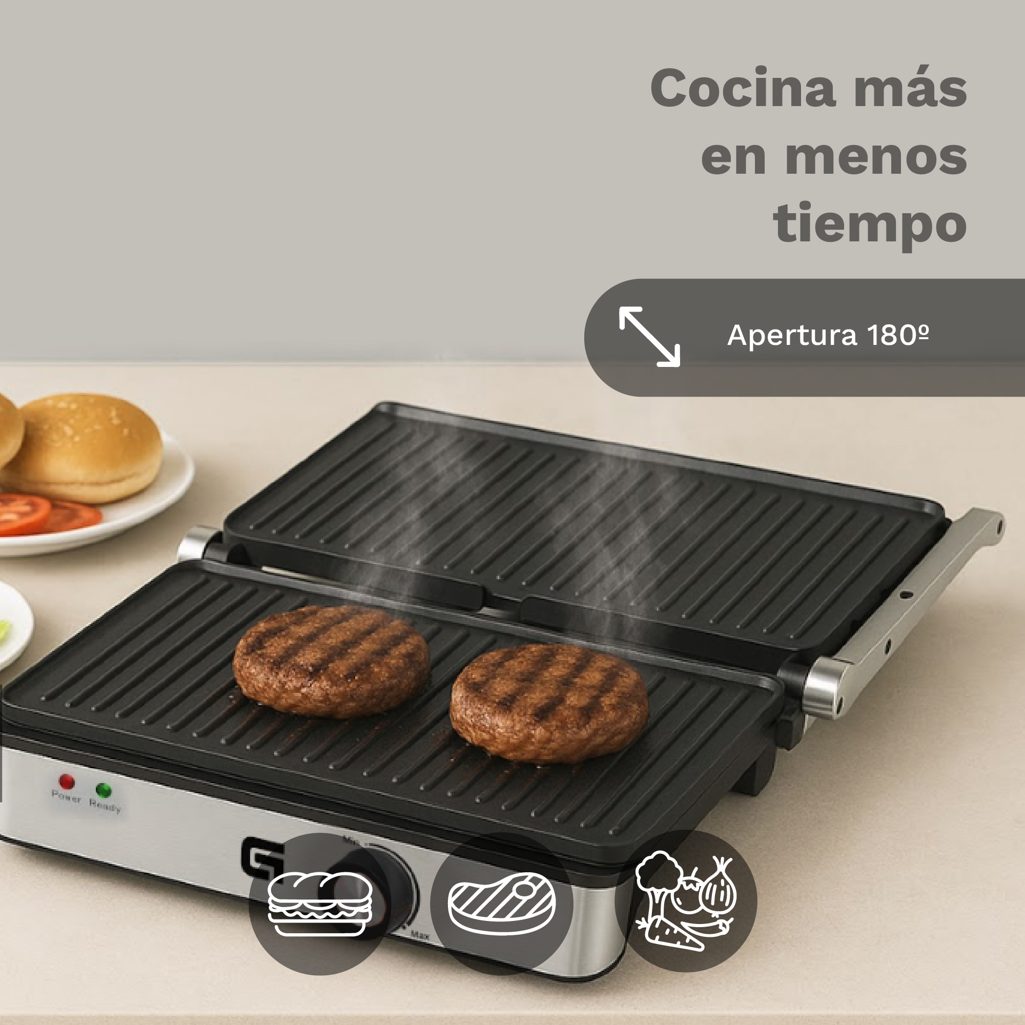 Una griglia elettrica con due hamburger cotti. Il testo sopra dice: Cucina di più in meno tempo. Cibo e panini sullo sfondo.