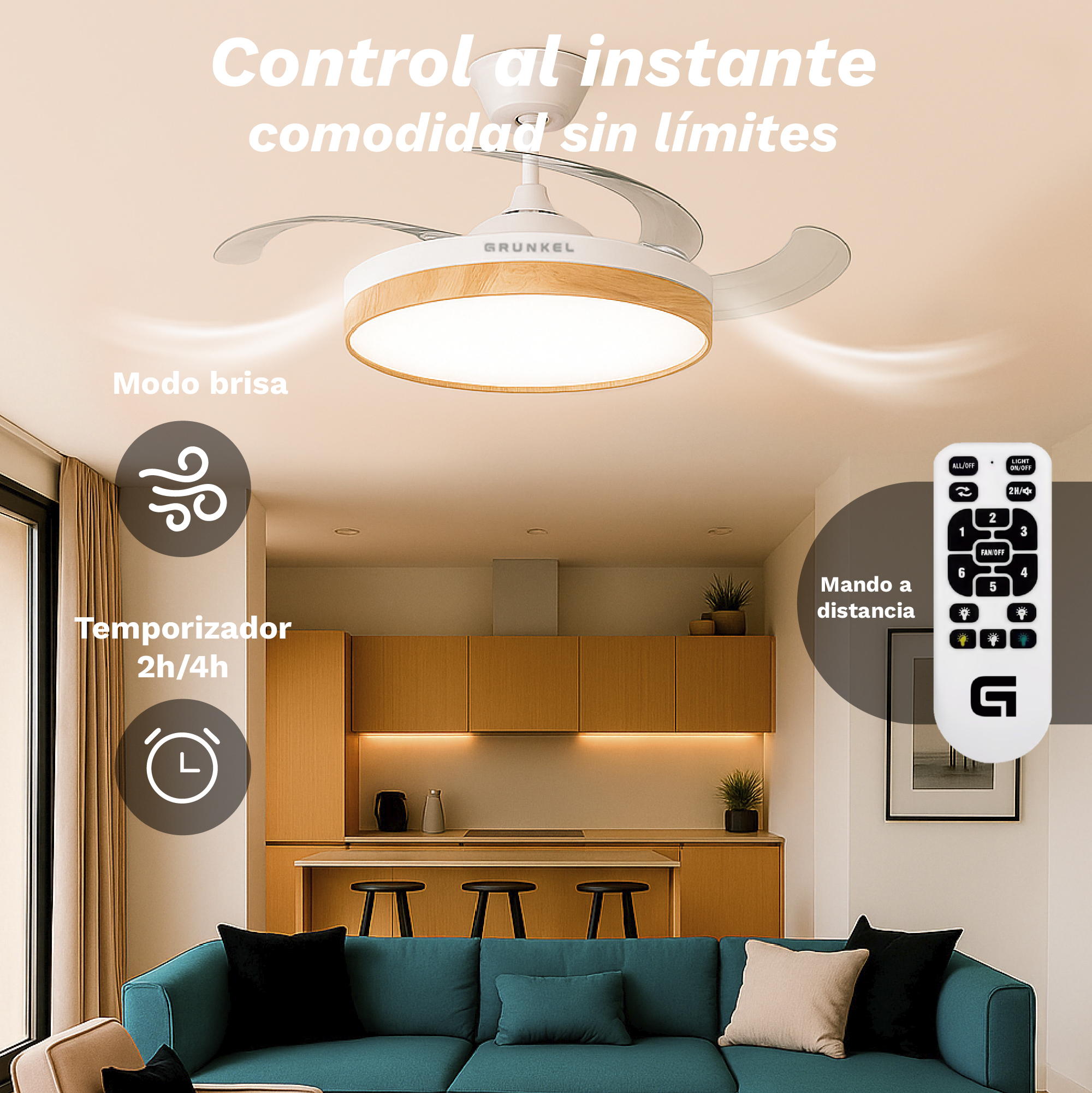 Un ventilatore a soffitto con telecomando e soggiorno. Il testo sovrapposto recita 'controllo immediato, comfort senza limiti'.