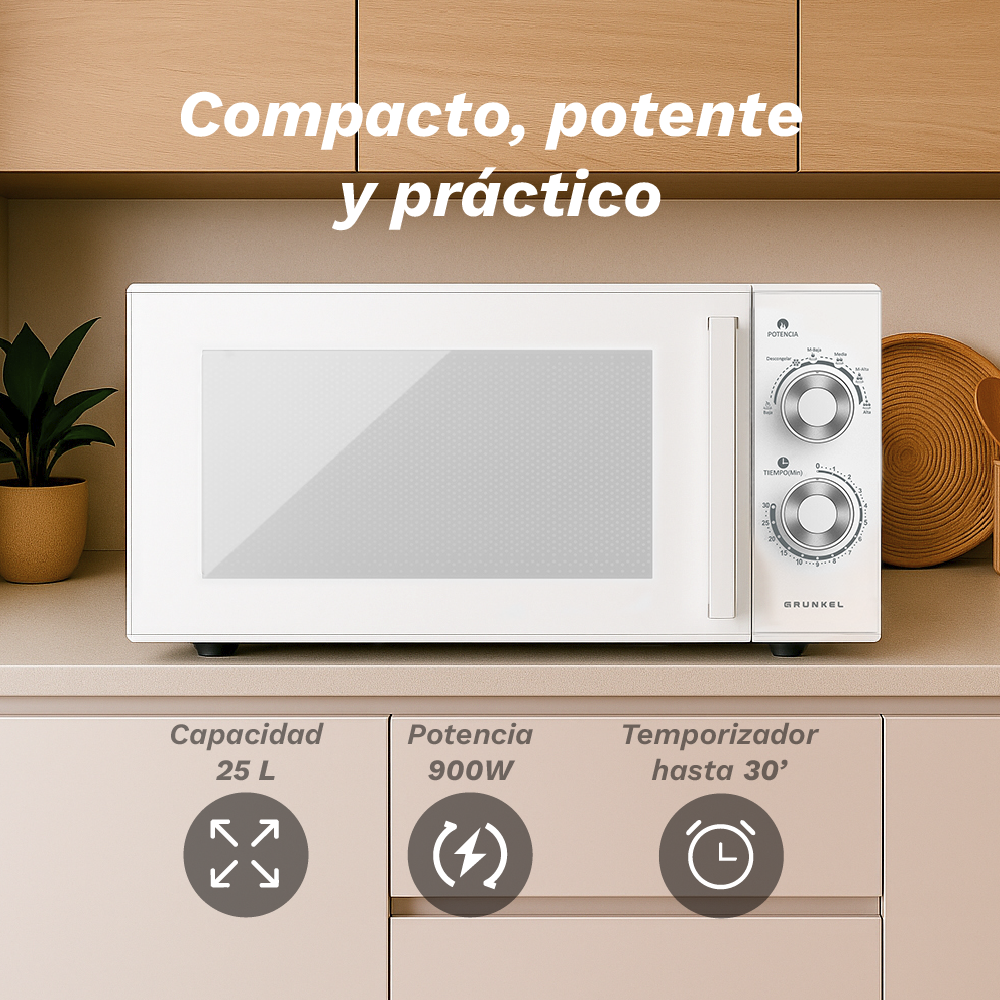 Un forno a microonde bianco su un piano di lavoro. Ha un pannello di controllo con quadranti. Sotto ci sono icone e testi di capacità, potenza e timer.