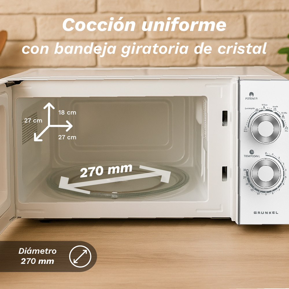 Forno a microonde bianco con porta aperta. All'interno un vassoio rotante in vetro. Dimensioni e testo visualizzati.