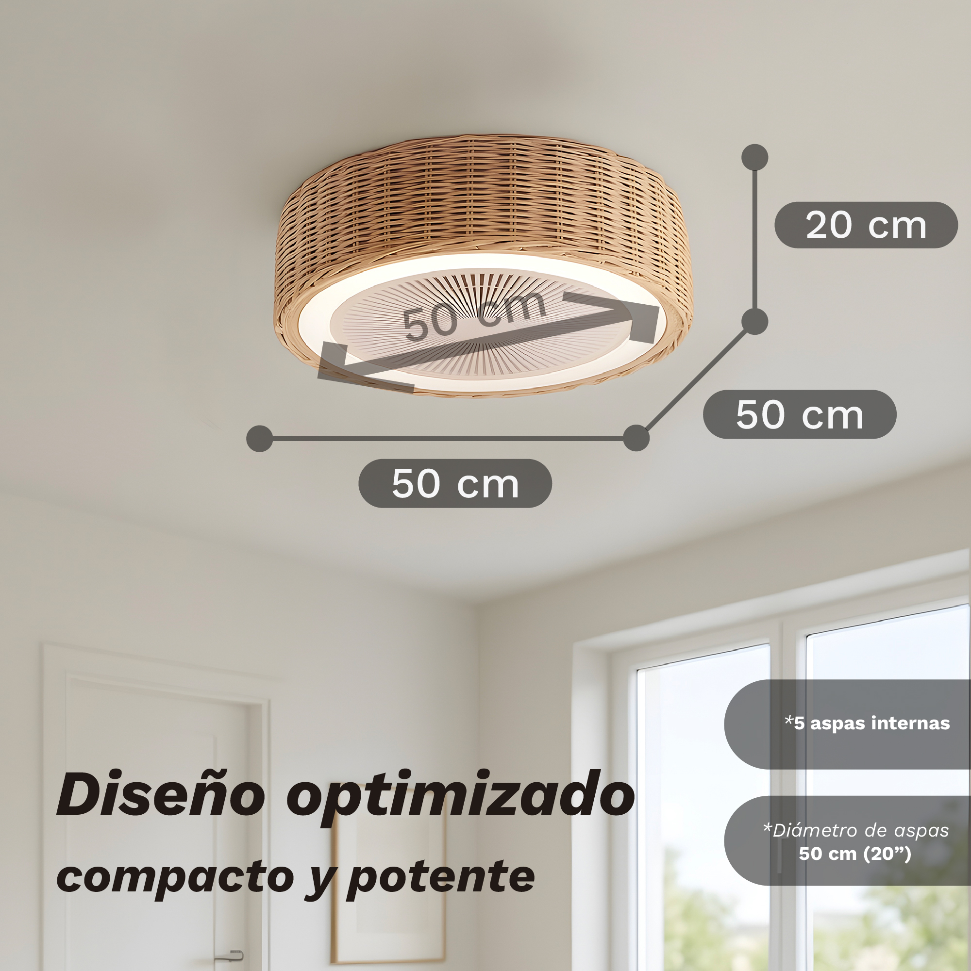 Se muestra un ventilador de techo con una pantalla de mimbre tejido, con dimensiones y texto en español: diseño optimizado, compacto y potente.